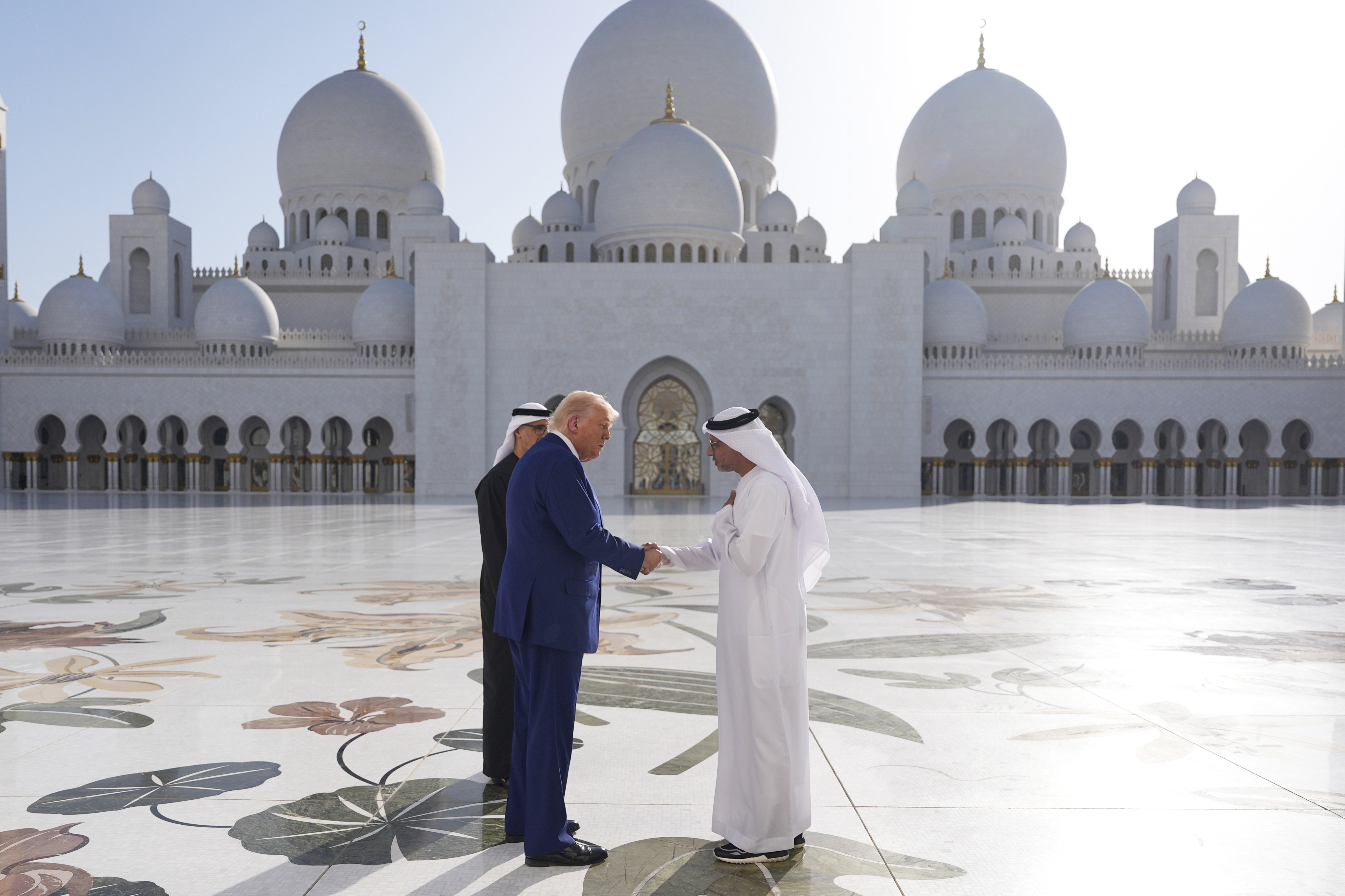 President Donald Trump shakes hands with with Yousif Al Obaidli, director of Sheikh Zayed Grand Mosque, during a tour of the Sheikh Zayed Grand Mosque, Thursday, May 15, 2025, in Abu Dhabi, United Arab Emirates.<br />(Alex Brandon / AP Photo)