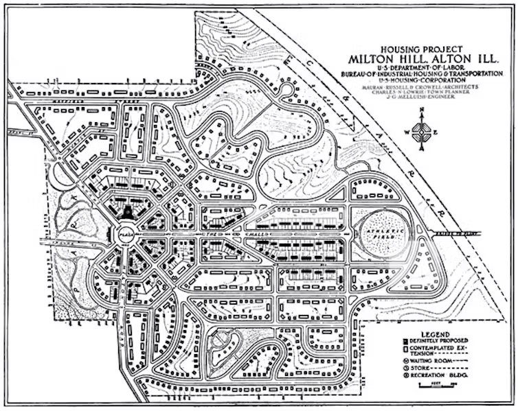 Milton Hill, a neighborhood designed and developed by the United States Housing Corporation in Alton, Ilinois.<br /> (MIT National Archives)