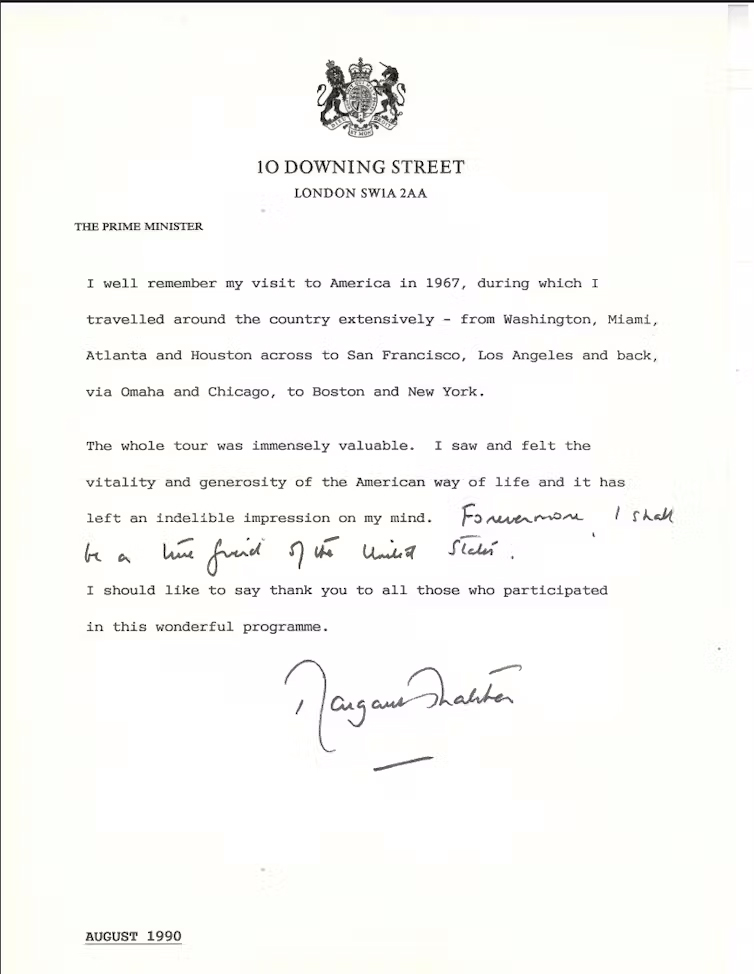 British Prime Minister Margaret Thatcher’s note from 10 Downing Street about her 1967 exchange visit to the US – ‘Forevermore I shall be a true friend to the United States.’<br />(Courtesy of The U.S. Department of State)