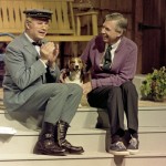 Fred Rogers (right) talks with David Newell, a.k.a. Speedy Delivery's Mr. McFeely, during a rehearsal for a segment of his television program "Mister Rogers' Neighborhood" in Pittsburgh on June 8, 1993. 
(Gene J. Puskar / AP Photo)