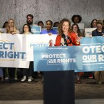 Andi Grubb, Planned Parenthood Advocates of Nebraska, speaks during the Protect Our Rights Abortion Rights Ballot Initiative launch, Thursday, Nov. 16, 2023, in Omaha, Neb. 
(Nikos Frazier / Omaha World-Herald via AP)