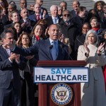 House Minority Leader Hakeem Jeffries, D-N.Y., joined by the Democratic Caucus, speaks to reporters as they call for a vote on an extension of Affordable Care Act subsidies, at the Capitol in Washington, Thursday, Dec. 18, 2025. 
(J. Scott Applewhite / AP Photo)