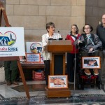 Susan Samuelson (center) leads a rally with Tammy, Derek and Darin Caster, (from left) in the Nebraska State Capitol urging the Nebraska Department of Health and Human Services not to make significant changes to the state’s Aged and Disabled Waiver and Traumatic Brain Injury Waiver, Jan. 14, 2026. (Zach Wendling / Nebraska Examiner)