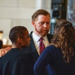 State Sen. John Cavanaugh of Omaha (center) meets with State Sens. Ashlei Spivey of Omaha, Danielle Conrad of Lincoln and Terrell McKinney of Omaha, from left, March 26, 2025. 
(Zach Wendling / Nebraska Examiner)