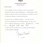 British Prime Minister Margaret Thatcher’s note from 10 Downing Street about her 1967 exchange visit to the US – ‘Forevermore I shall be a true friend to the United States.’ 
(Courtesy of The U.S. Department of State)