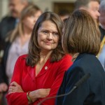 State Sen. Kathleen Kauth of the Millard area (left) talks with State Sen. Teresa Ibach of Sumner on Jan. 8, 2025. 
(Zach Wendling / Nebraska Examiner)