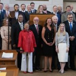 State senators join together after adjourning for the year at the end of the 2025 legislative session. Not pictured: State Sens. Christy Armendariz of Omaha, Myron Dorn of Adams, Rob Dover of Norfolk and Glen Meyer of Pender, June 2, 2025. 
(Zach Wendling / Nebraska Examiner)