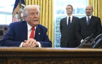 President Donald Trump speaks after signing an executive order in the Oval Office of the White House Wednesday,  April 9, 2025, in Washington, as Treasury Secretary Scott Bessent and Commerce Secretary Howard Lutnick listen. 
(Pool via AP)