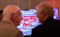 State Sen. Merv Riepe of Ralston and Fletcher Reel of Omaha discuss election results for Pennsylvania at the Nebraska GOP watch party in Bellevue on Nov. 5, 2024. 
(Marissa Lindemann / Nebraska News Service)
