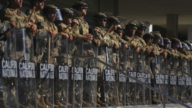 California National Guard are positioned at the Federal Building on Tuesday, June 10, 2025, in downtown Los Angeles. 
(Eric Thayer / AP Photo)