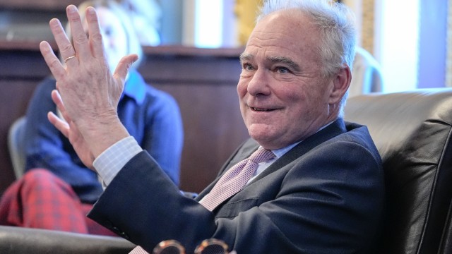 Sen. Tim Kaine, D-Va., speaks to reporters about a war powers resolution regarding Venezuela on Capitol Hill, Wednesday, Jan. 7, 2026, in Washington. 
(Mariam Zuhaib / AP Photo)