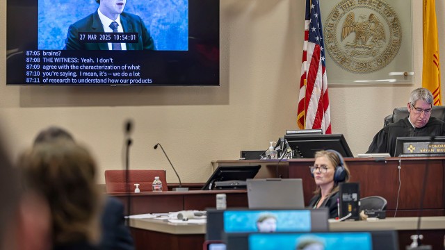 A recording of Meta Founder and CEO Mark Zuckerberg's deposition is played for the jurors on Wednesday, March 4, 2026, in Santa Fe, N.M. 
(Jim Weber / Santa Fe New Mexican via AP, Pool)