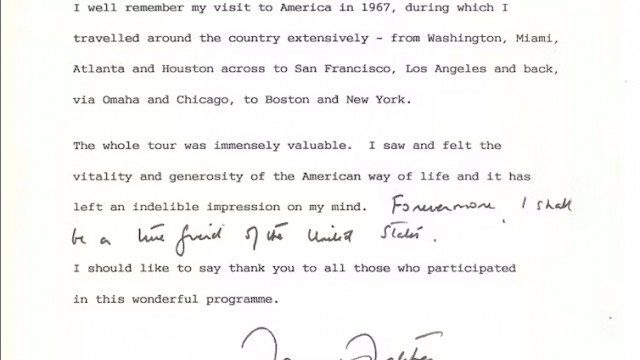 British Prime Minister Margaret Thatcher’s note from 10 Downing Street about her 1967 exchange visit to the US – ‘Forevermore I shall be a true friend to the United States.’ 
(Courtesy of The U.S. Department of State)