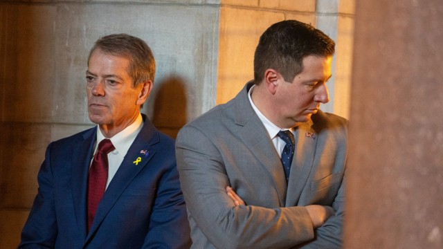 Nebraska Gov. Jim Pillen (left) and Governor’s Office Chief of Staff Dave Lopez, Jan. 28, 2026.
(Zach Wendling / Nebraska Examiner)