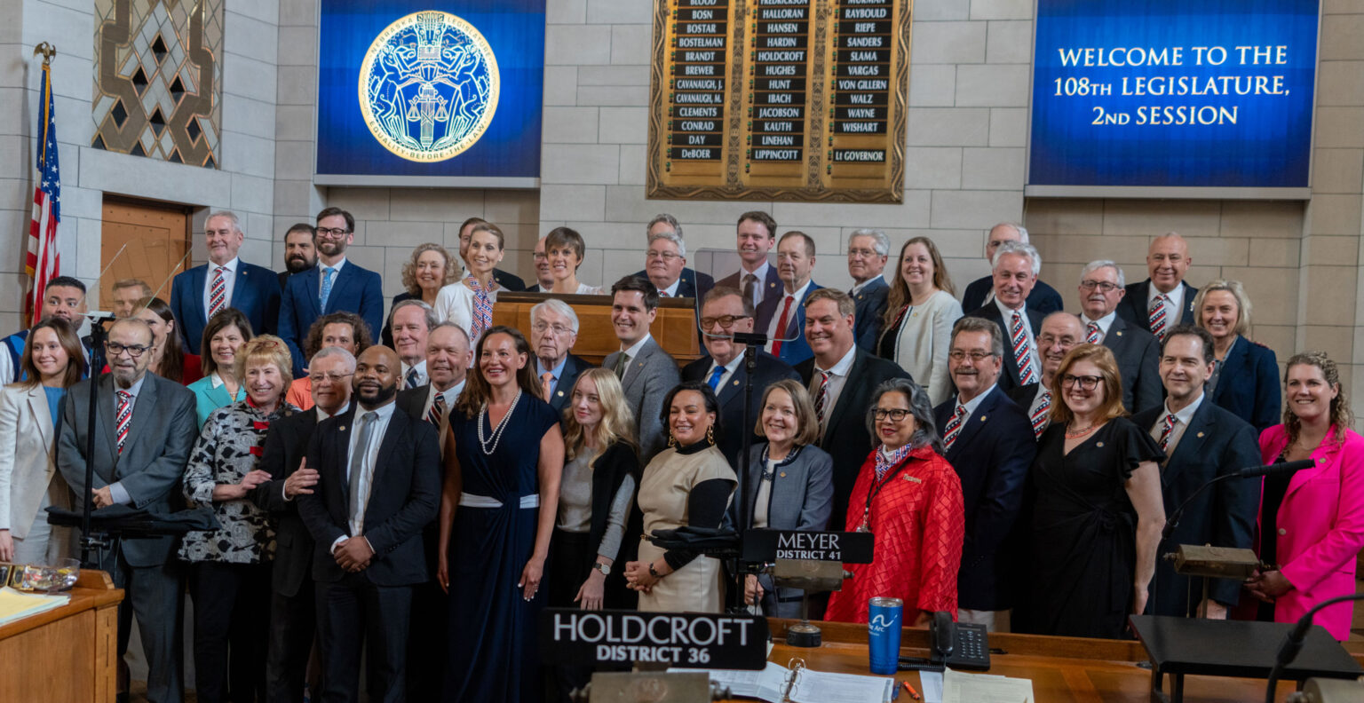 Lawmakers gather on the last day of the 2024 legislative session, though many expect to return for a special session later this year. Not pictured: State Sens. Joni Albrecht, Ben Hansen, John Lowe and Tony Vargas. April 18, 2024.<br />(Zach Wendling / Nebraska Examiner)