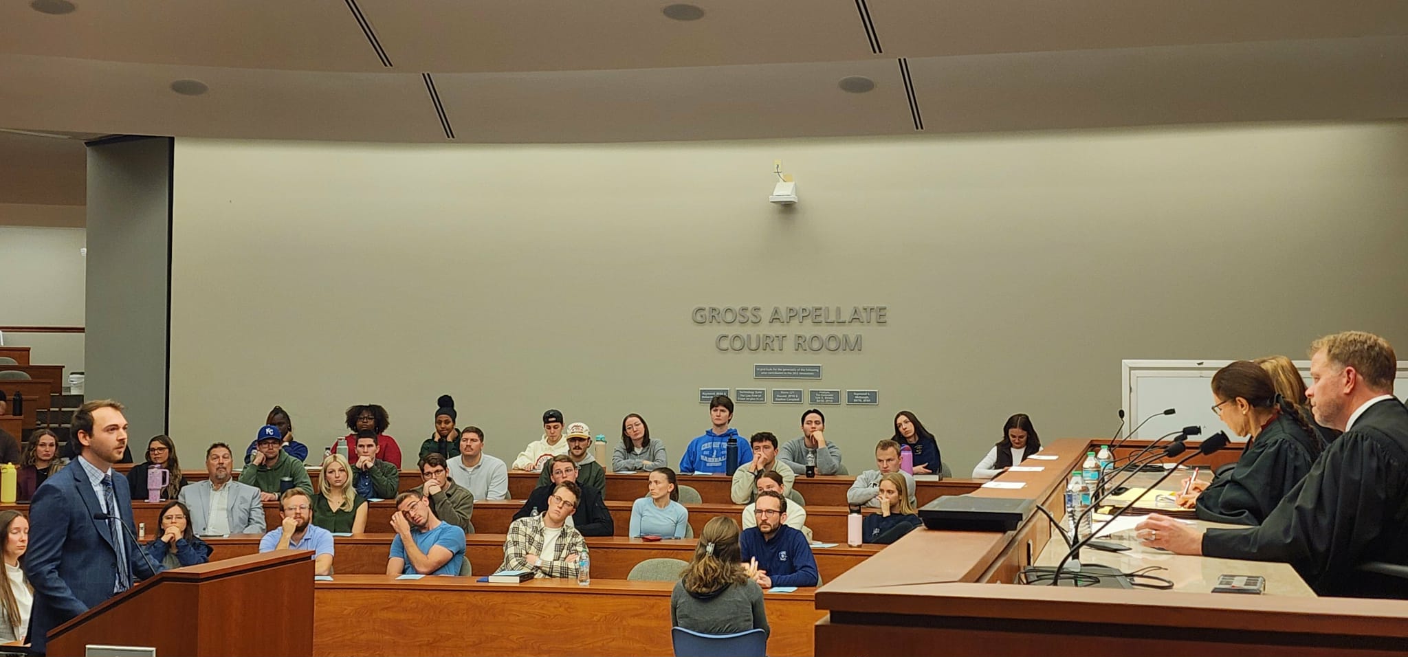 David Mabes discusses the role of New York Times v. Sullivan during oral arguments as part of Creighton University’s Moot Court championship hearing.<br />(Tim Trudell / The Daily Record)