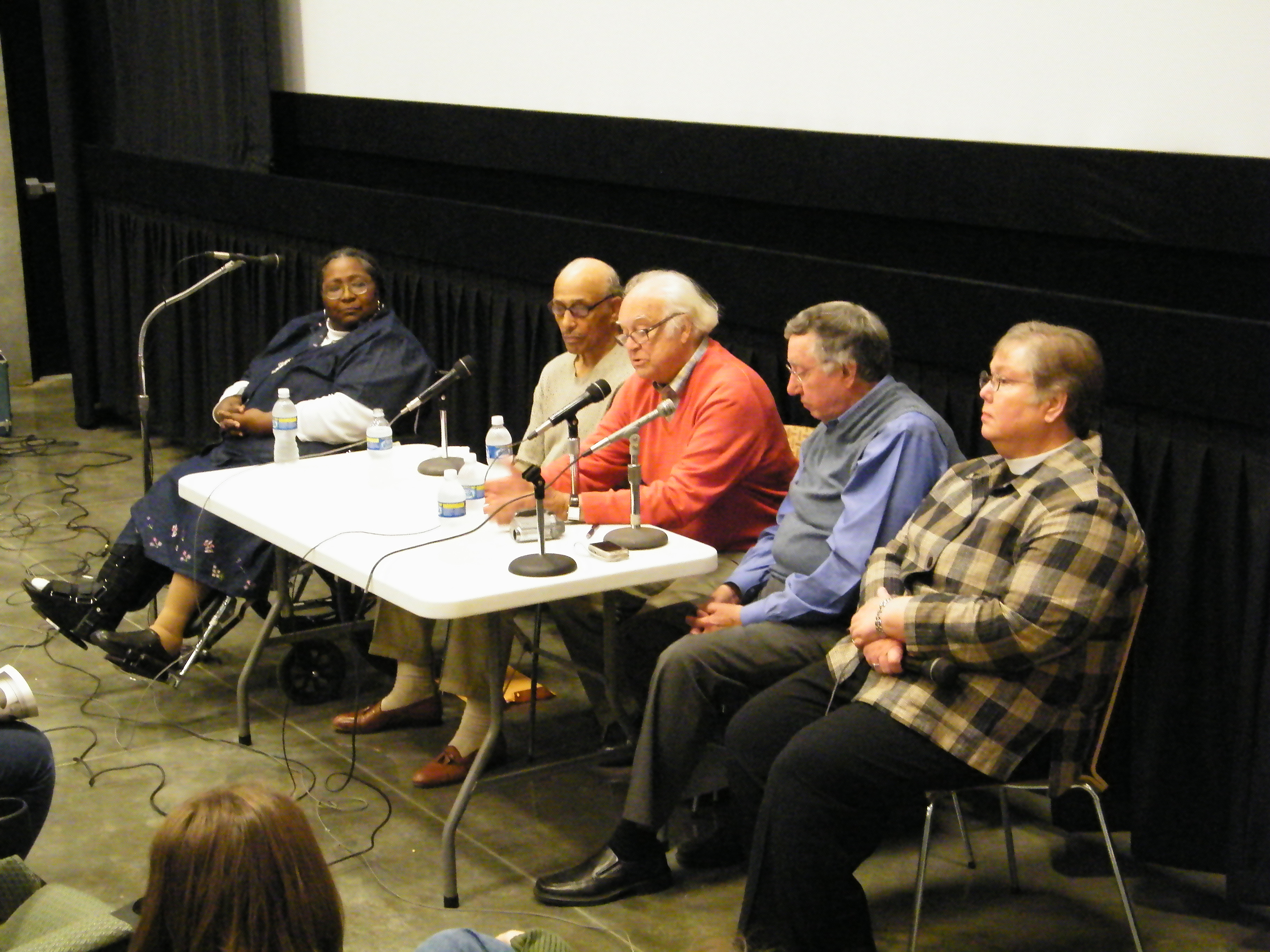 Panelists discussed “A Time for Burning” after a 2008 screening at Omaha’s Film Streams. From left: Rev. Johnice Orduña, Dan Goodwin Sr., director Bill Jersey, Ray Christensen and the Rev. Susan Butler. The film, which documented the failed attempt at racial outreach by a white Omaha church in 1965, continues to inspire filmmakers and activists.<br />(Courtesy Photo)