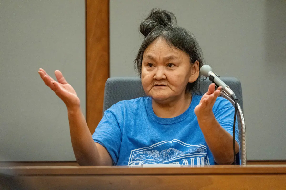 Eva Foxglove testifies during Fred Tom Hurley III’s sexual assault trial at the Nesbett Courthouse in Anchorage in December.<br />(Loren Holmes / Anchorage Daily News)