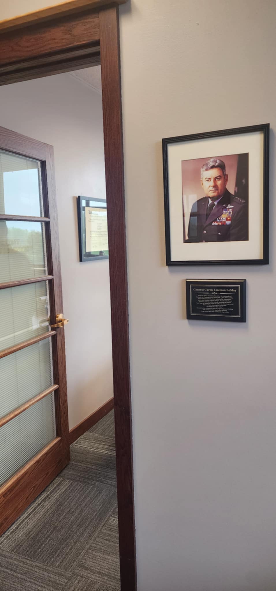 A photo of former SAC Commander General LeMay outside his old office, which is now the office of JAG commander Lt. Col. John Reid.<br />(Tim Trudell / The Daily Record)