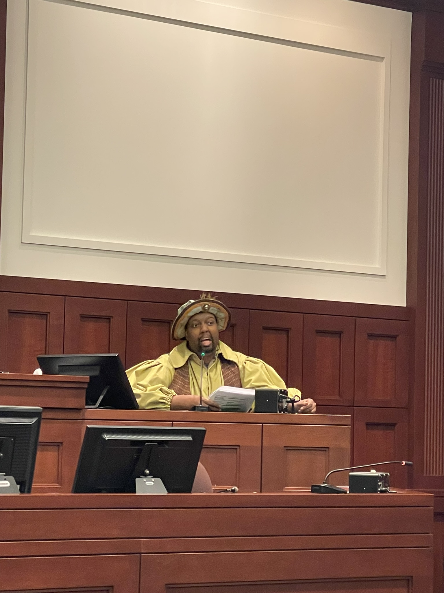 Prentiss Matthews testifies on the stand as Rumpelstiltskin during a mock trial at the Roman Hruska Federal Courthouse.<br />(Courtesy of Dave Sommers)
