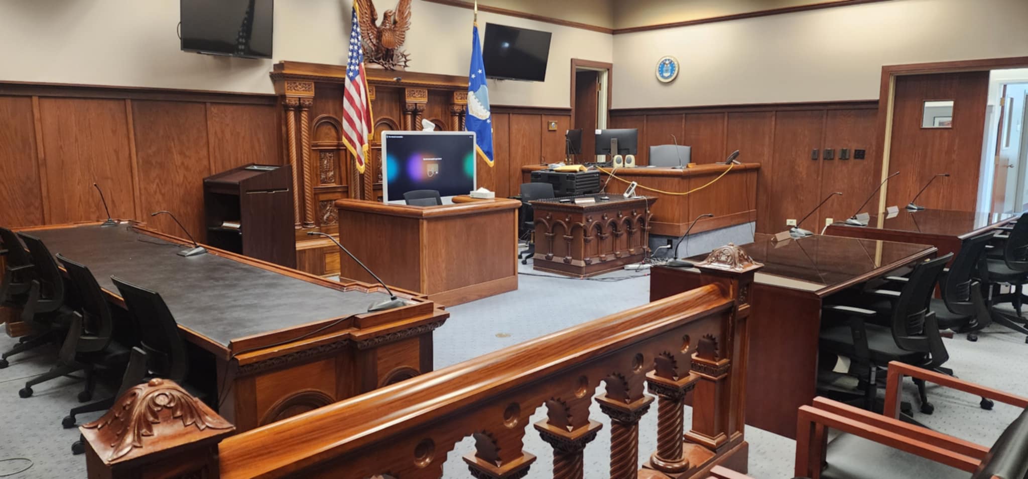 A view of the Offutt Air Force Base courtroom. Vintage furnishings, with ornate wood design, were once located in a old Omaha post office.<br />(Tim Trudell / The Daily Record)