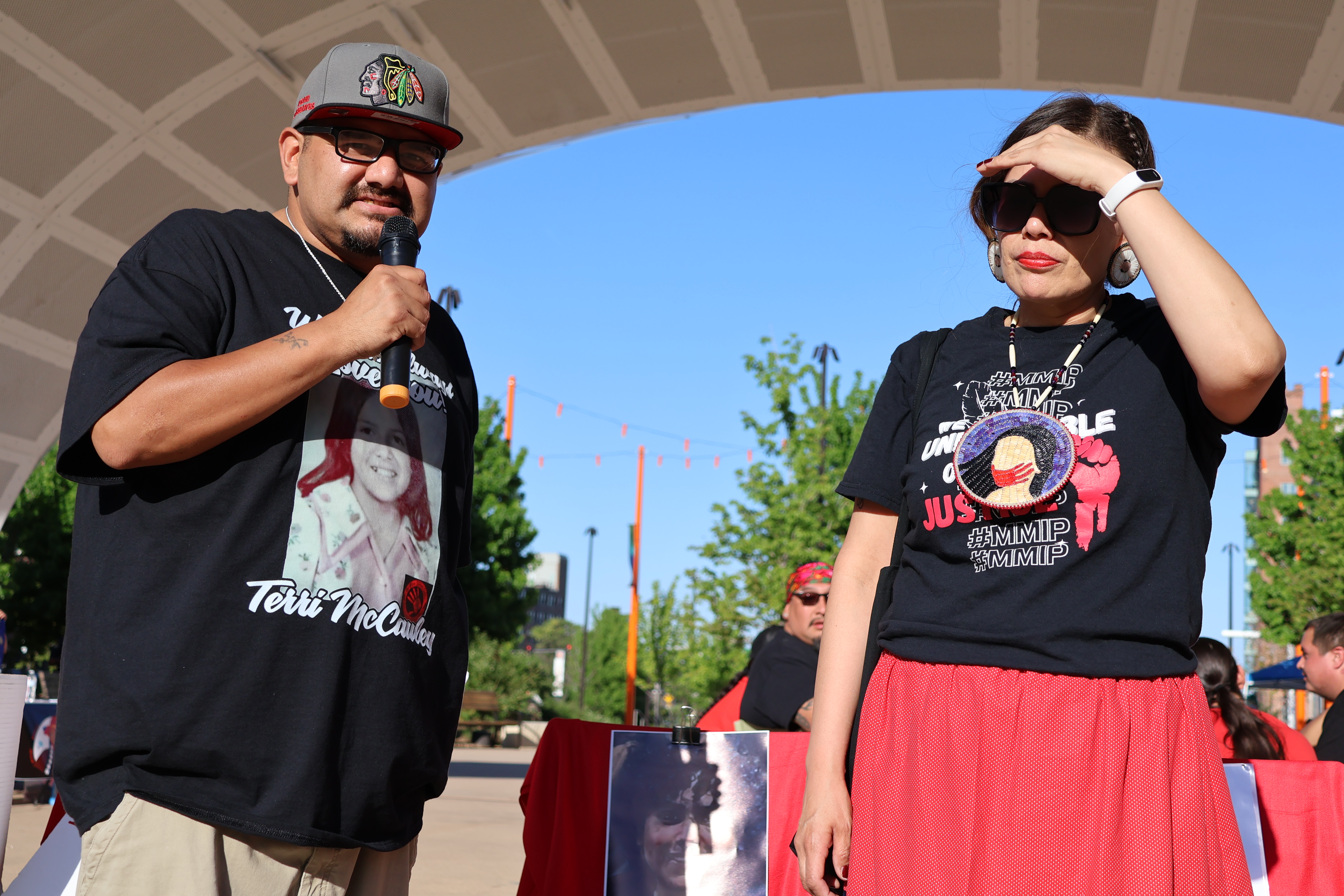 Nate McCauley talks about the arrest of a man accused of murdering his mother. The man was arrested more than 40 years after the Winnebago tribal citizen’s death. Next to him is Lestina Saul-Merdassi.<br />(Tim Trudell / The Daily Record)
