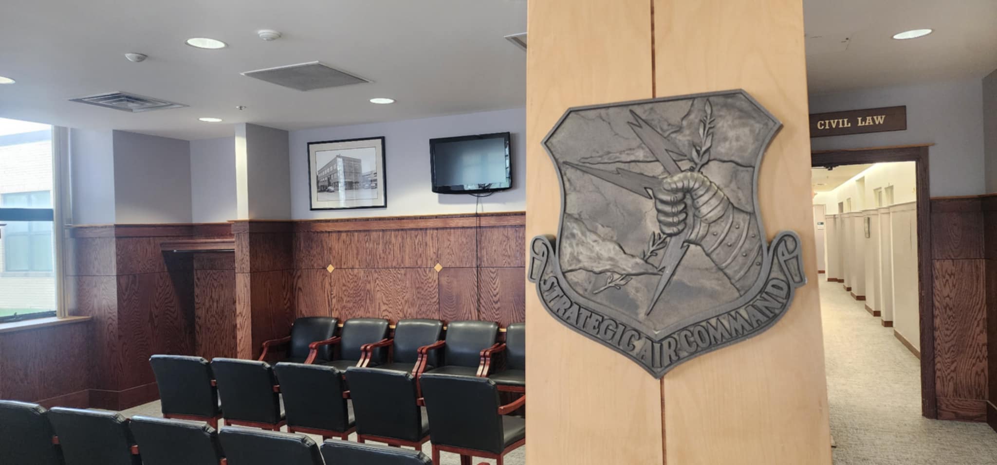 The JAG’s lobby pays tribute to the Strategic Air Command, which had its headquarters in the JAG building.<br />(Tim Trudell / The Daily Record)