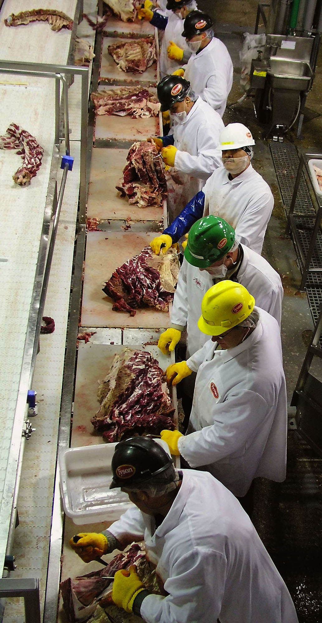 Workers at the Tyson Fresh Meats plant in Norfolk, Neb. work the line Jan. 20, 2006. Tyson closed this plant in February of 2006.<br /> (Mary Pat Hoag / Norfolk Daily News / AP Photo)