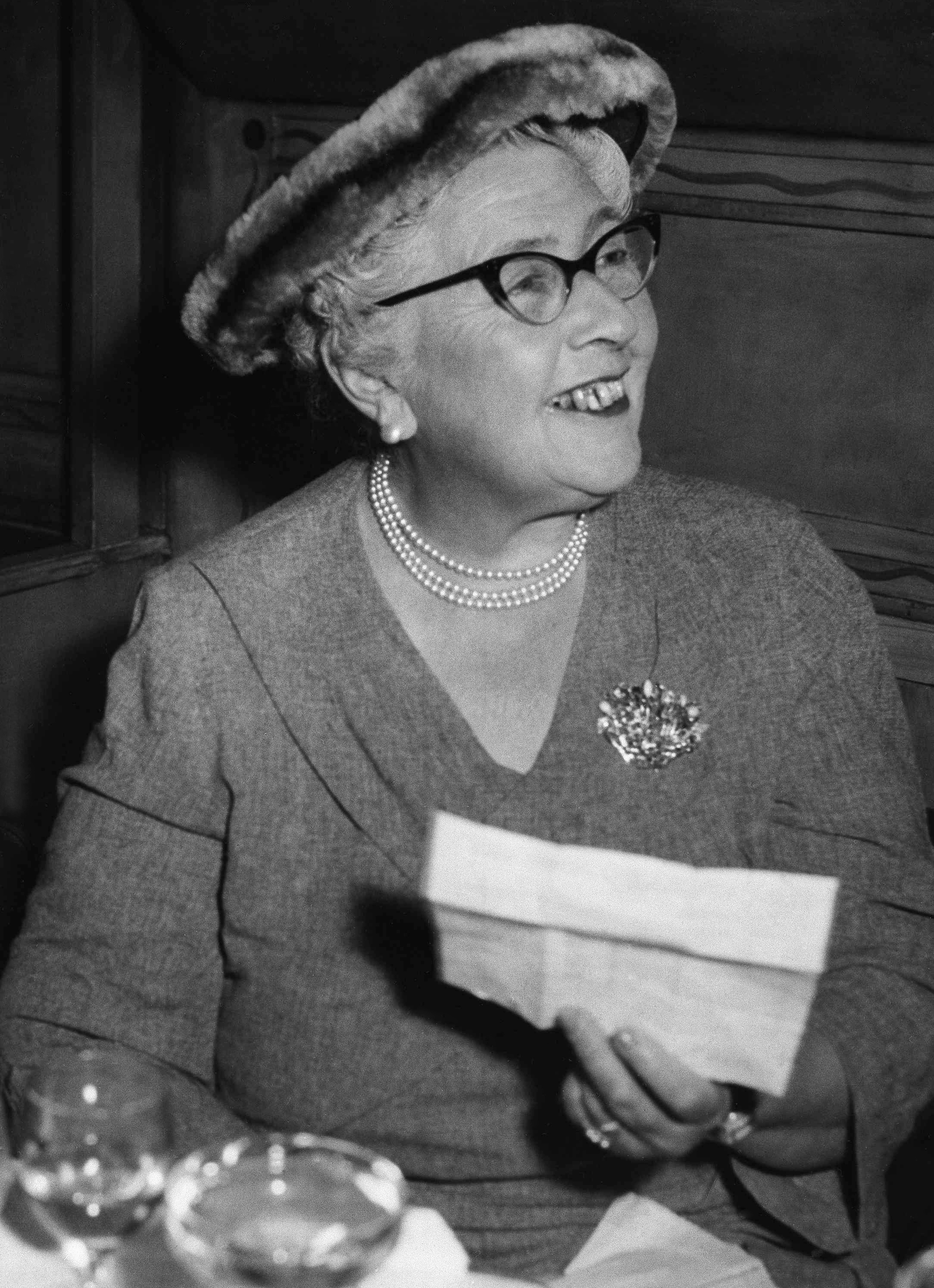 Mystery writer Agatha Christie, pictured in 1957, writes about different types of villains and heroes who provide the thrills in her mysteries, novels and plays.<br /> (DH / AP Photo)