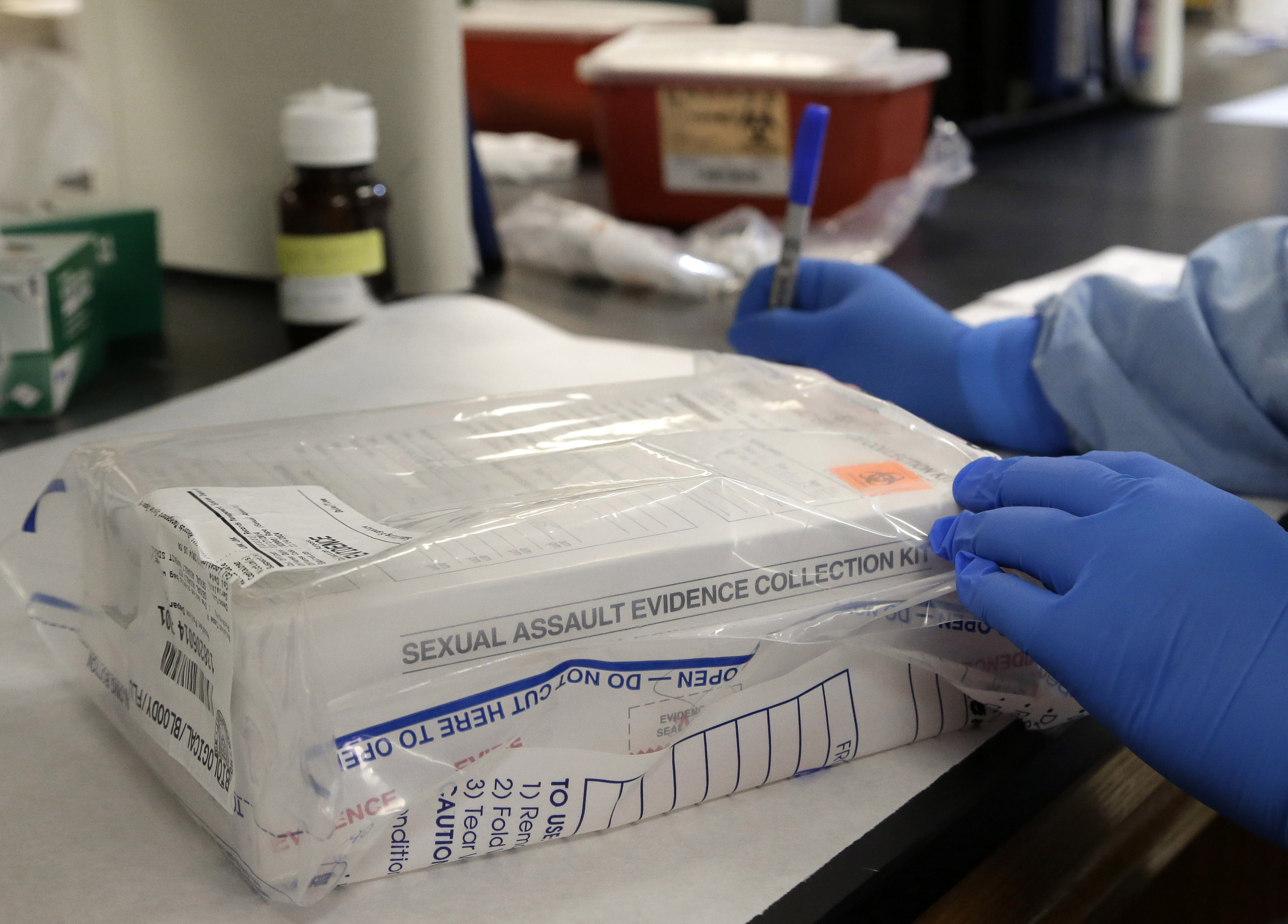 In this April 2, 2015 photo, a sexual assault evidence kit is logged in the biology lab at the Houston Forensic Science Center in Houston.<br /> (Pat Sullivan / AP Photo)