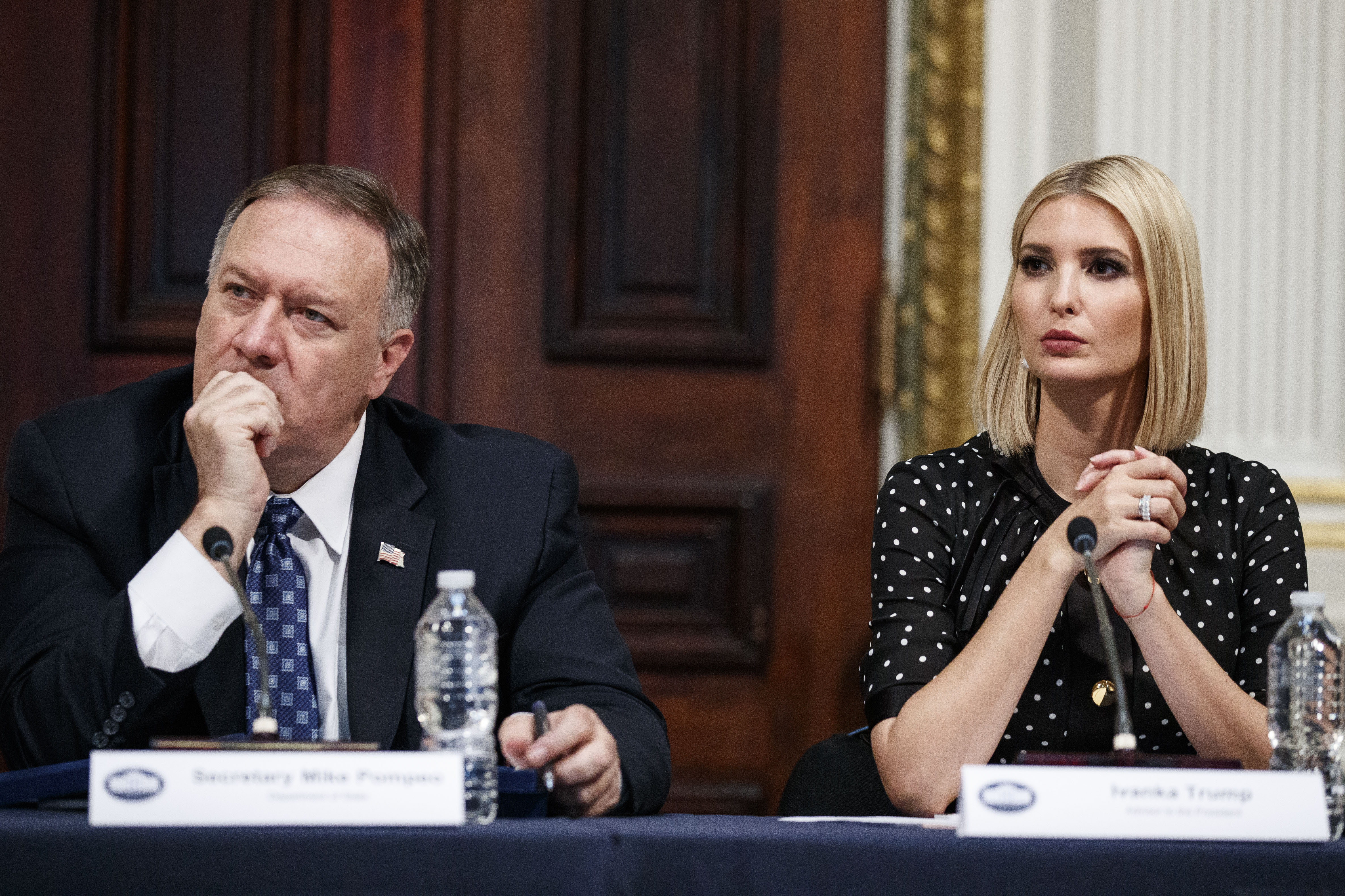 Former Secretary of State Mike Pompeo (left) and Ivanka Trump, the daughter and former assistant to President Donald Trump, listen during a meeting of the President&#039;s Interagency Task Force to Monitor and Combat Trafficking in Persons (PITF), in the Eisenhower Executive Office Building, on the White House complex, Tuesday, Oct. 29, 2019, in Washington.<br />(Alex Brandon / AP Photo)