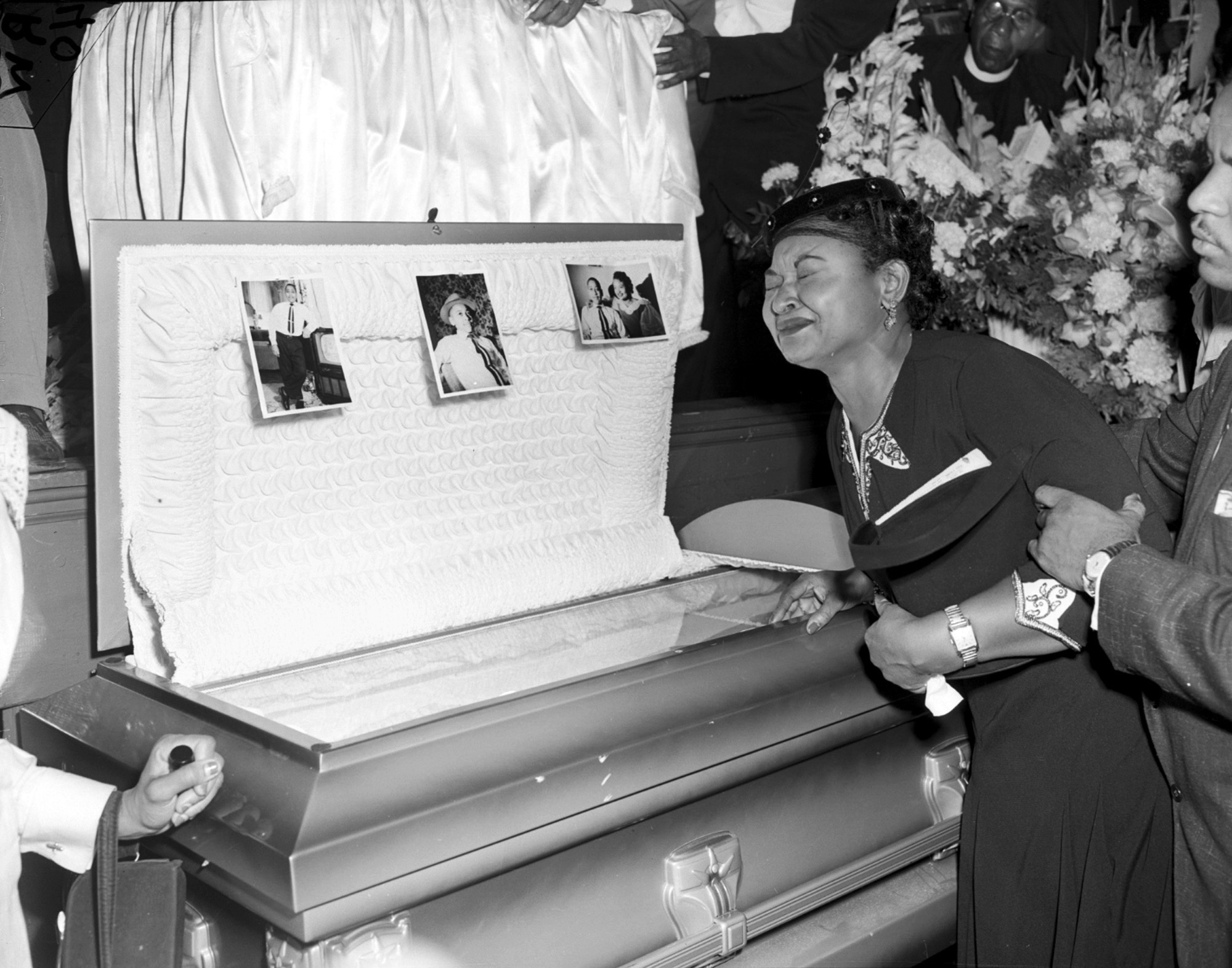 Mamie Till Mobley weeps at her son’s funeral on Sept. 6, 1955, in Chicago. The mother of Emmett Till insisted that her son’s body be displayed in an open casket forcing the nation to see the brutality directed at Blacks in the South at the time. 			     (Chicago Sun-Times via AP, File)
