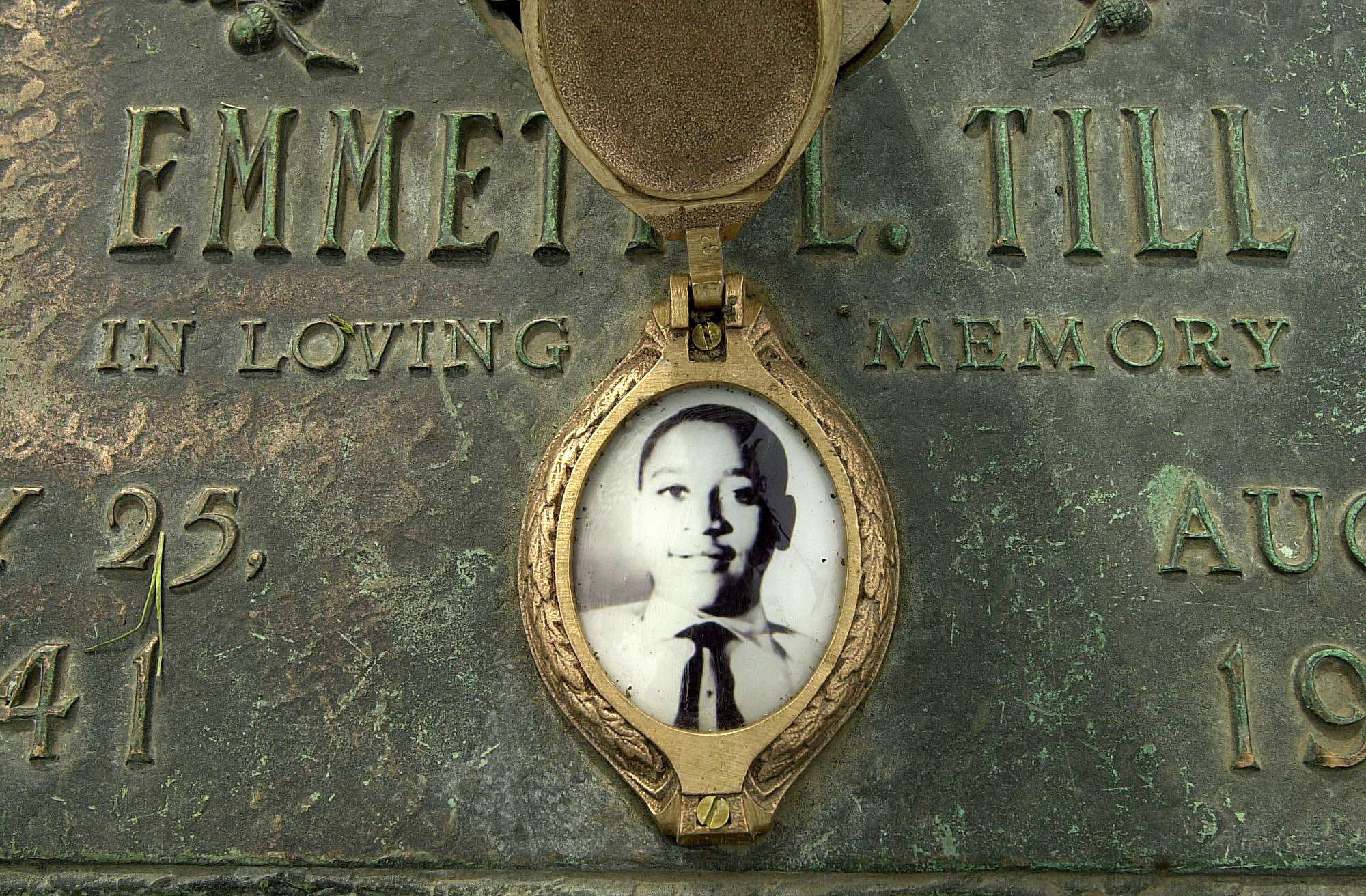 In this May 4, 2005 file photo, Emmett Till’s photo is seen on his grave marker in Alsip, Ill. Legislation that would make lynching a federal hate crime in the U.S. is expected to be signed into law next week by President Joe Biden. The Emmett Till Anti-Lynching Act was years in the making. 			 (Robert A. Davis/Chicago Sun-Times via AP, File)