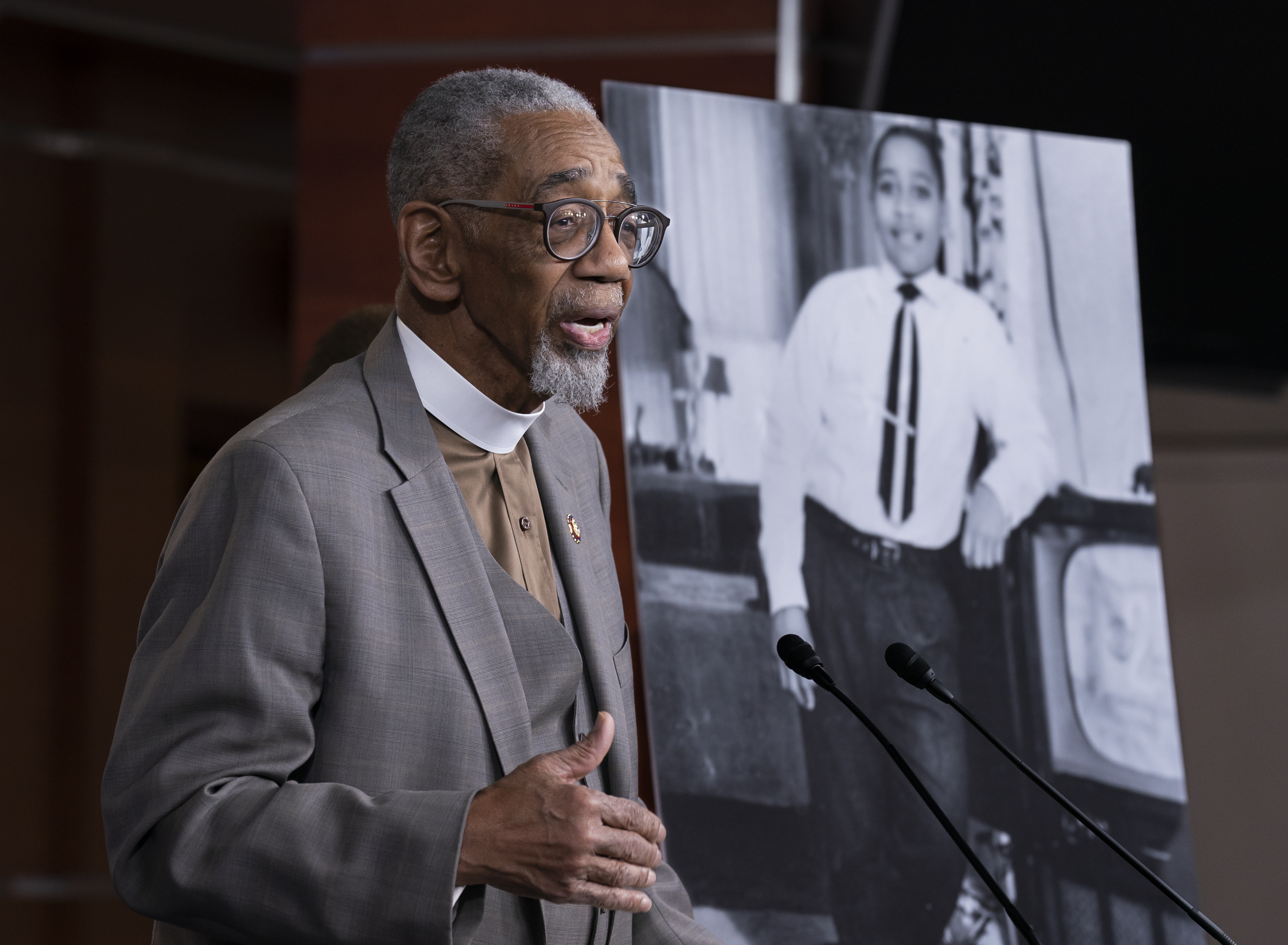 Rep. Bobby Rush, D-Ill., speaks during a news conference about the “Emmett Till Anti-Lynching Act” on Capitol Hill in Washington, on Feb. 26, 2020. Emmett Till, pictured at right, was a 14-year-old African-American who was lynched in Mississippi in 1955, after being accused of offending a white woman in her family’s grocery store.<br />		 (Robert A. Davis/Chicago Sun-Times via AP, File)