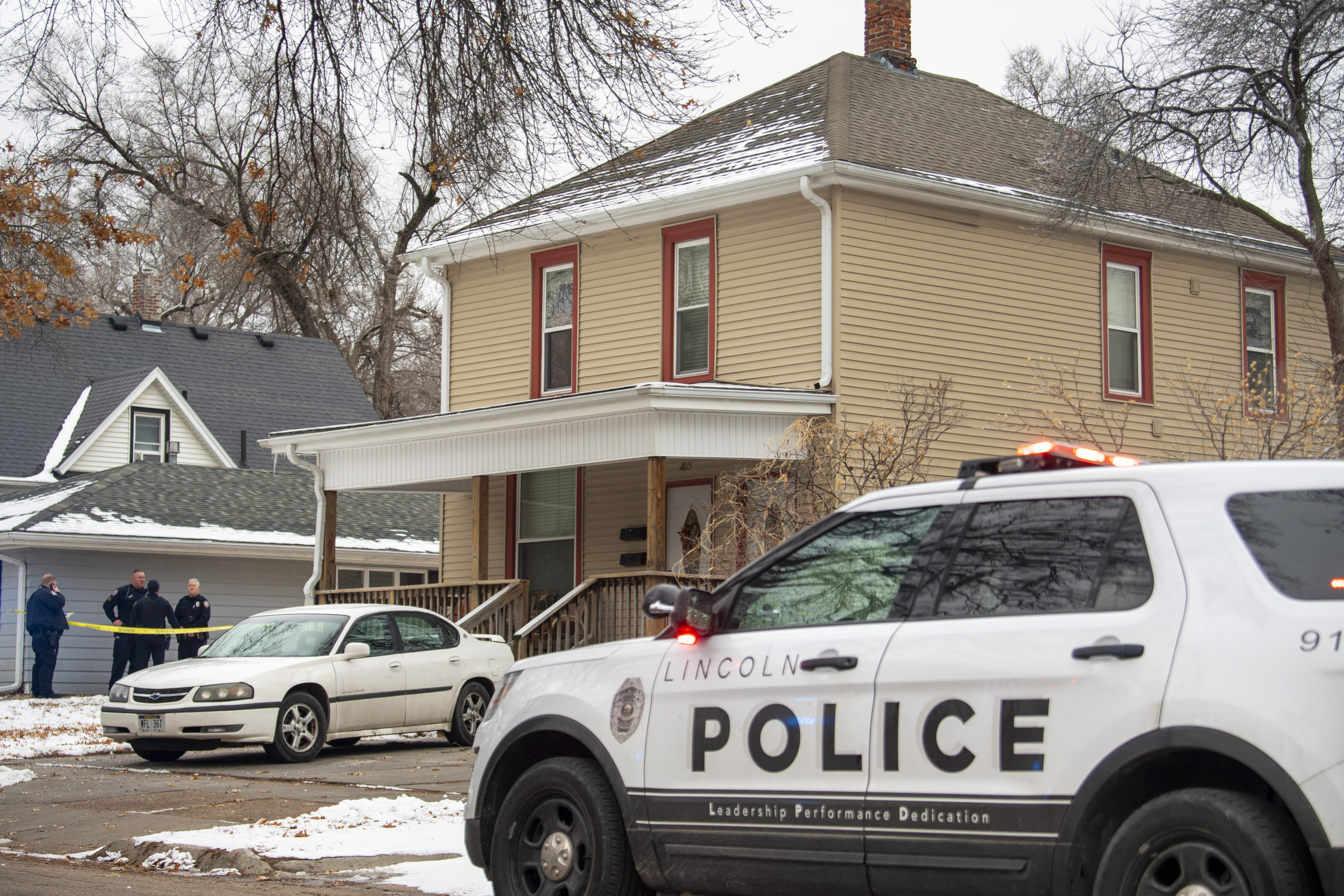 Police respond to a shooting in an alley behind 1815 Euclid Ave., Saturday, Jan. 21, 2023, in Lincoln, Neb.<br />(Kenneth Ferriera / Lincoln Journal Star via AP)