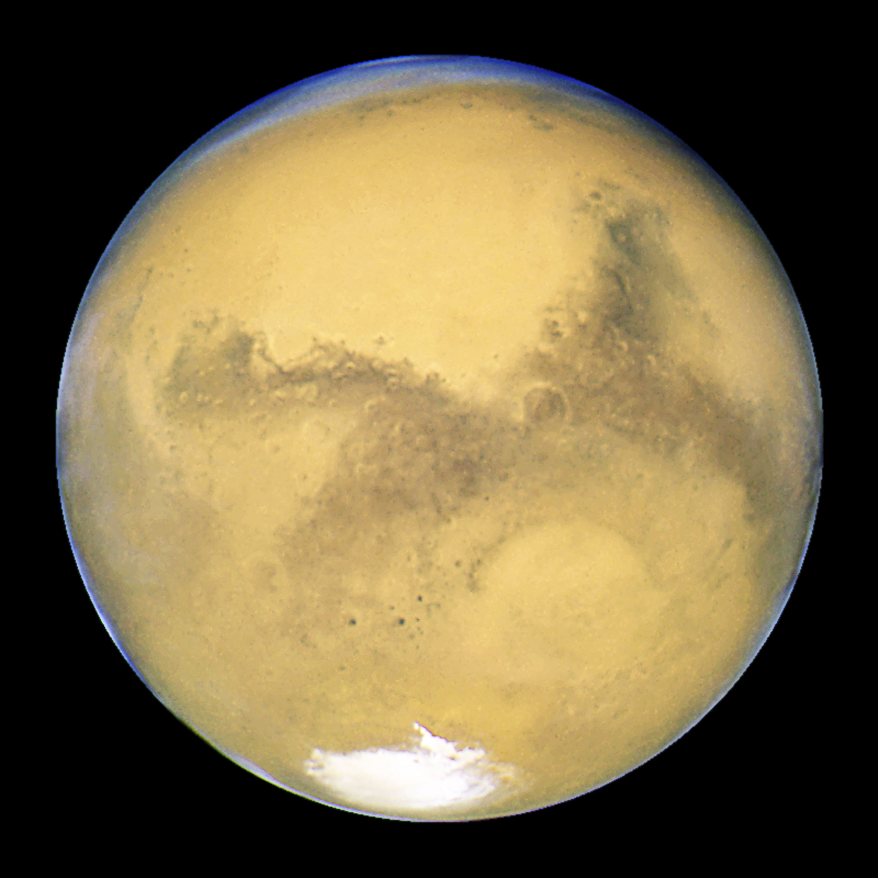 This Aug. 26, 2003, image made available by NASA shows Mars as it lines up with the Sun and the Earth. A new study suggests water on Mars may be more widespread and recent than previously thought. Scientists reported the finding from China&#039;s Mars rover in Science Advances on Friday, April 28, 2023.<br />(J. Bell - Cornell U.M. / Wolff / NASA / AP Photo)