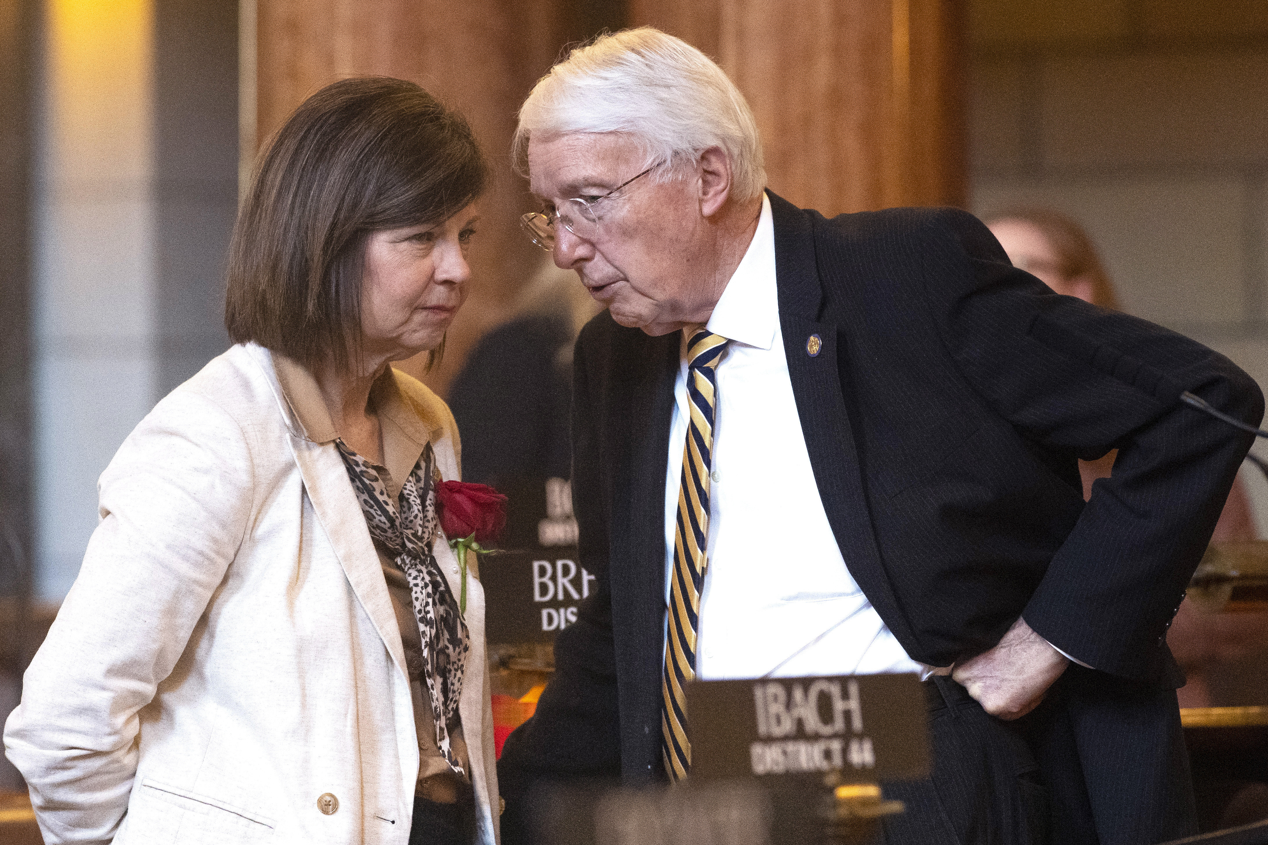 Sen. Jana Hughes speaks with Sen. Merv Riepe in Lincoln on May 16, 2023<br />(Kenneth Ferriera / Lincoln Journal Star via AP)