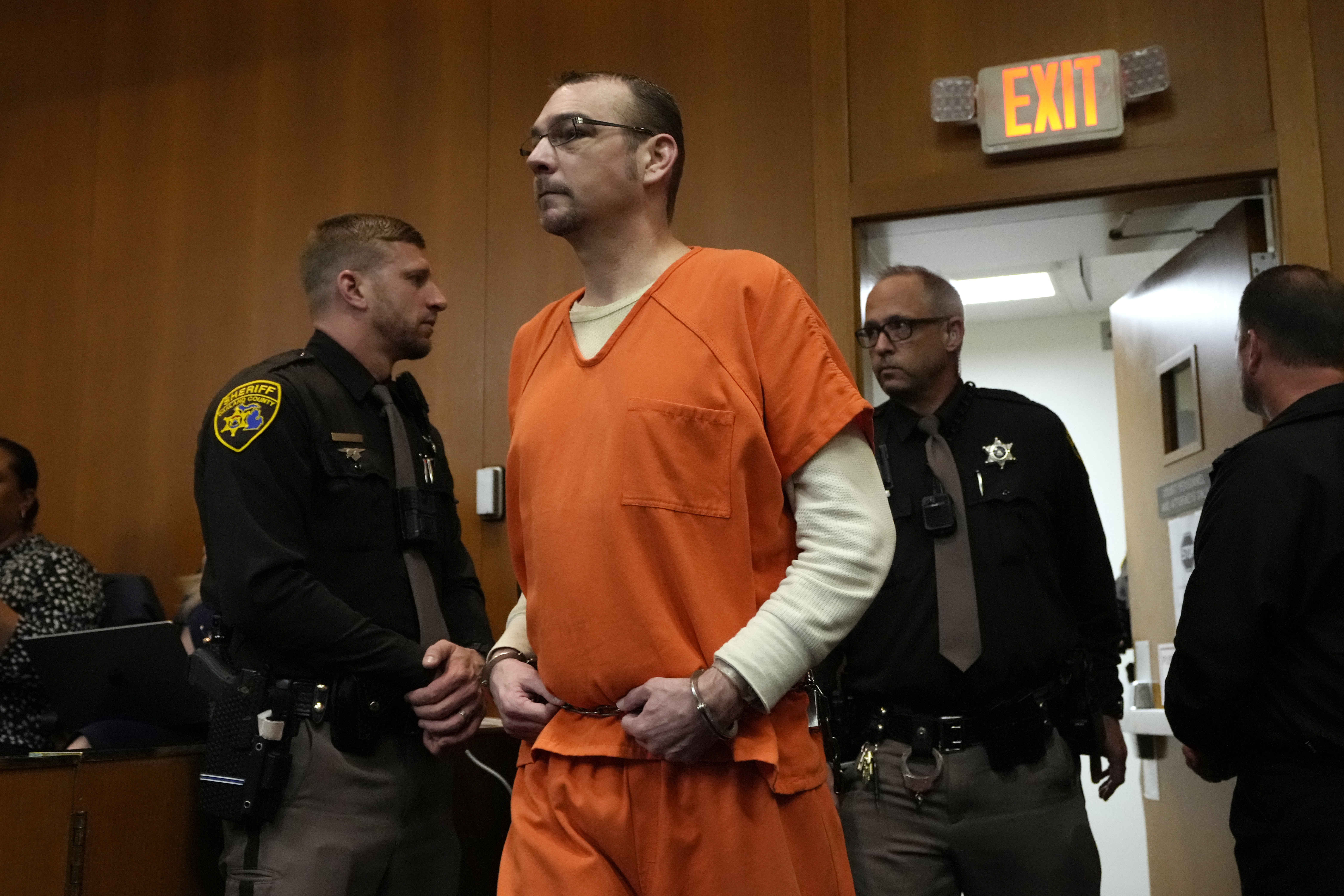 James Crumbley arrives for his sentencing, Tuesday, April 9, 2024, in Pontiac, Mich. The parents of Ethan Crumbley are asking a judge to keep them out of prison as they face sentencing for their role in an attack that killed four students in 2021.<br />(Carlos Osorio / AP Photo)