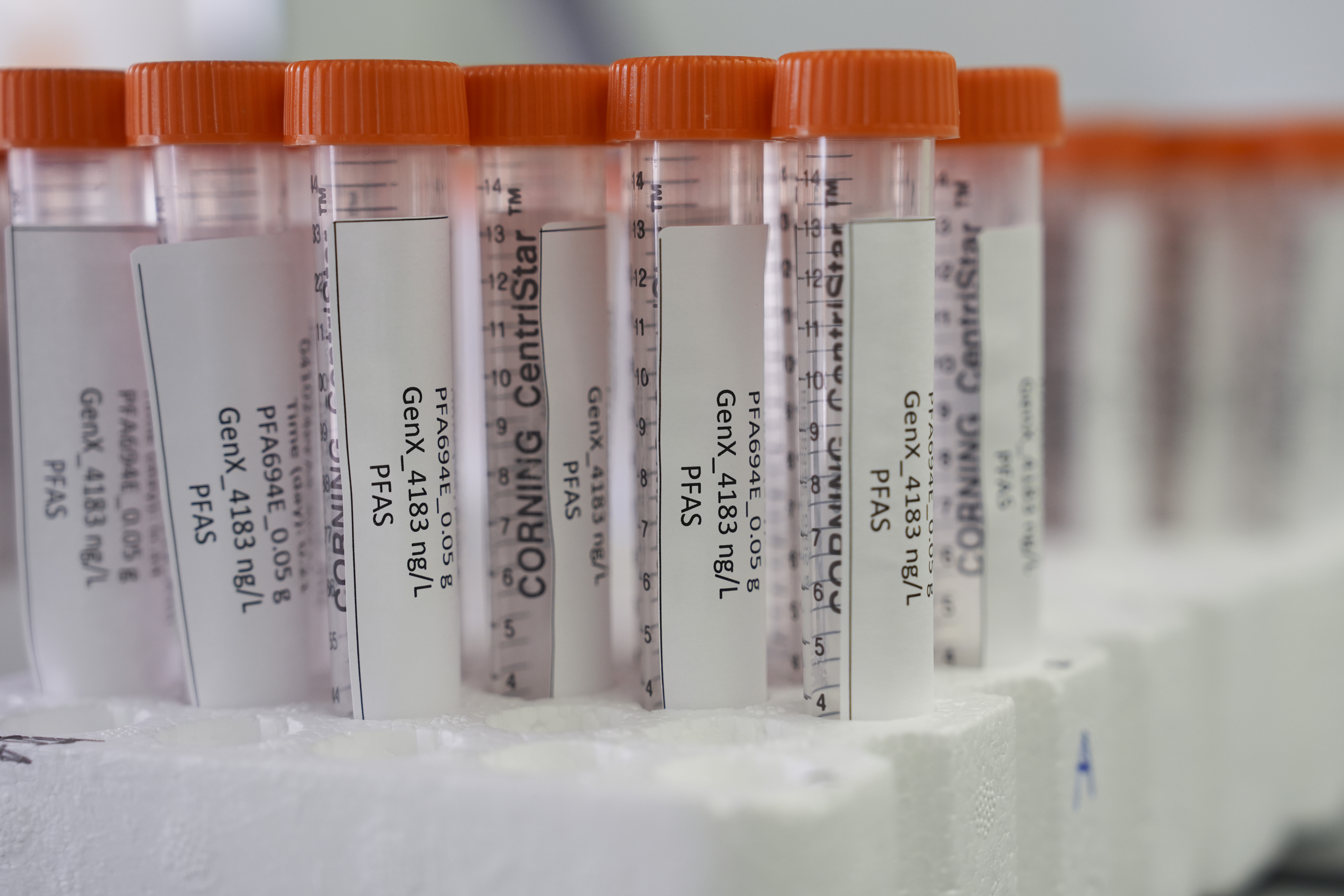 Vials containing PFAS samples sit in a tray, Wednesday,  April 10, 2024, at a U.S. Environmental Protection Agency lab in Cincinnati.<br />(Joshua A. Bickel / AP Photo)