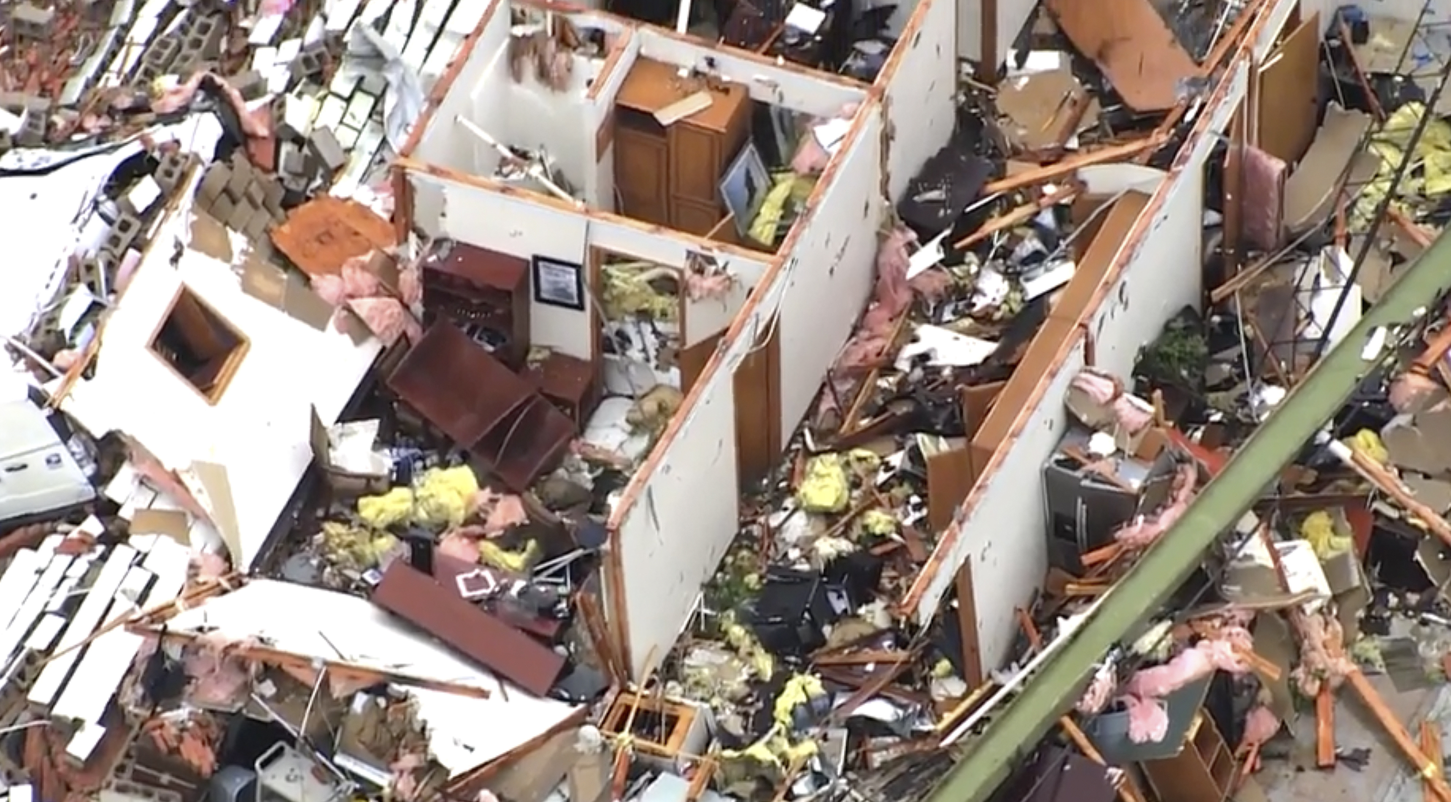This image taken from video provided by KOCO shows damage caused by a tornado in Sulphur, Okla., Sunday, April 28, 2024.<br />(KOCO via AP)