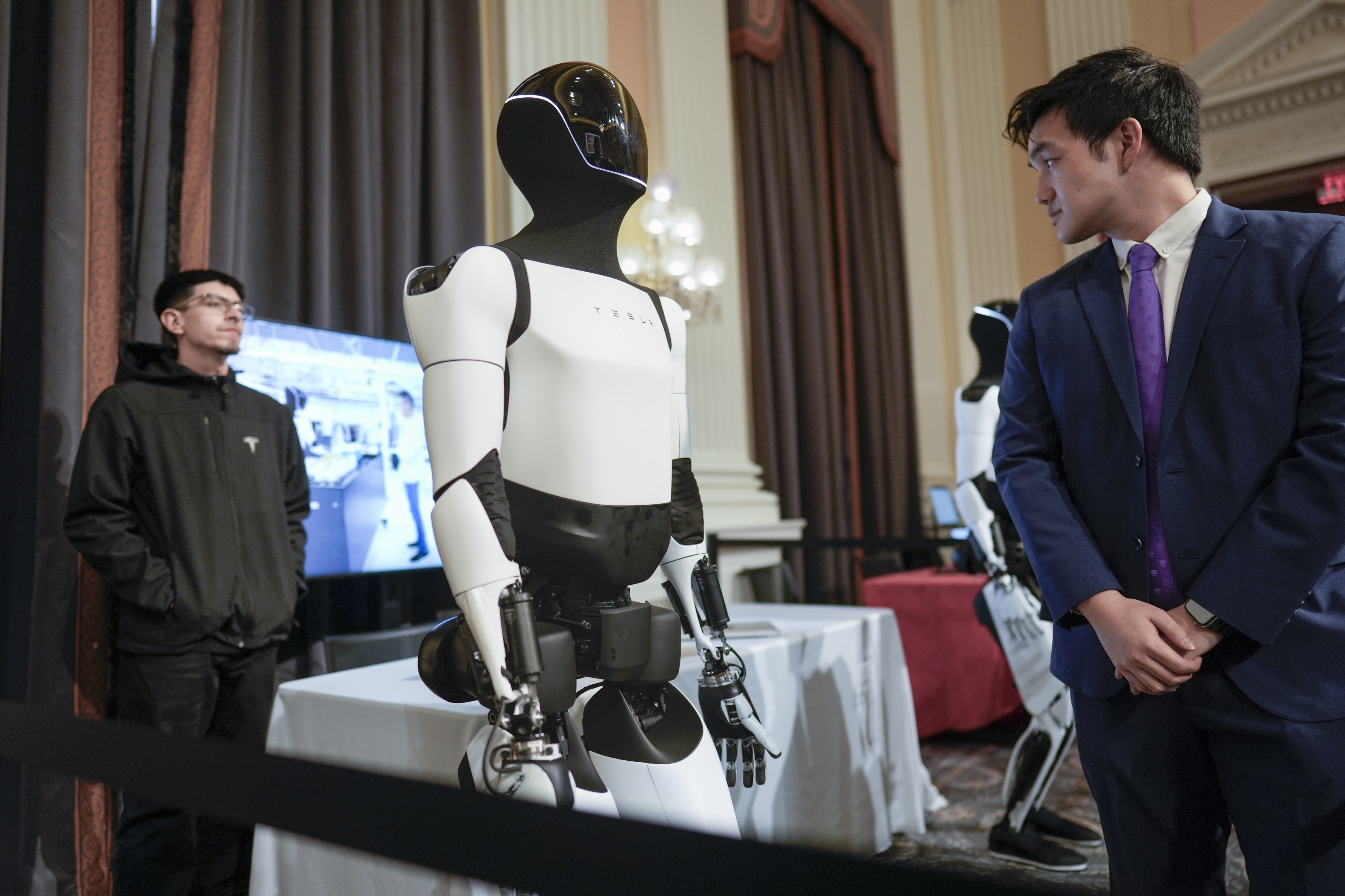 A Tesla robot is displayed as U.S. robotics companies look for congressional support to compete with Chinese companies, on Capitol Hill in Washington, Wednesday, March 26, 2025.<br />(J. Scott Applewhite / AP Photo)