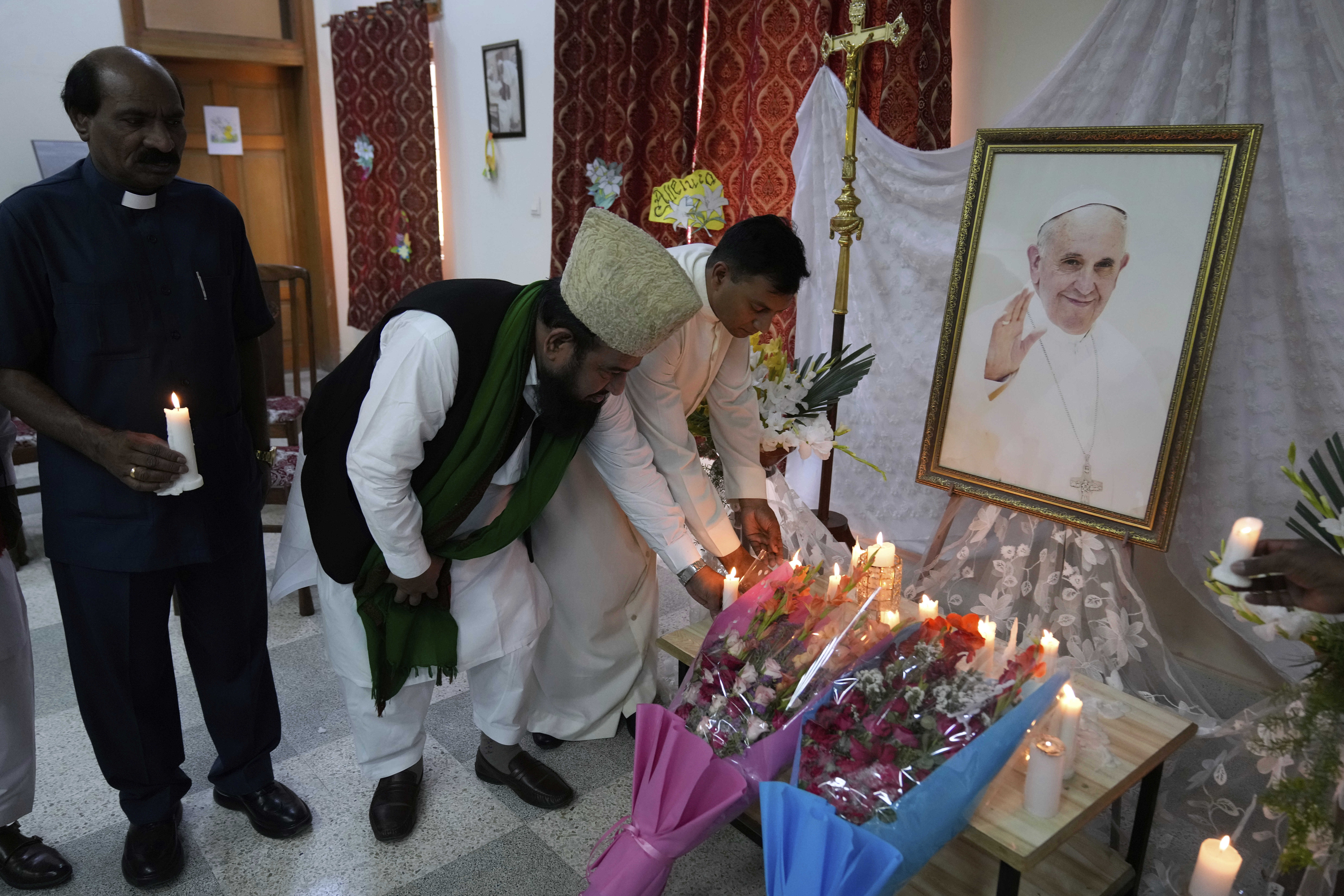 Tributes being paid to Pope Francis at the Sacred Heart Cathedral Church in Lahore, Pakistan, on April 22, 2025.<br />(K.M. Chaudary / AP Photo)