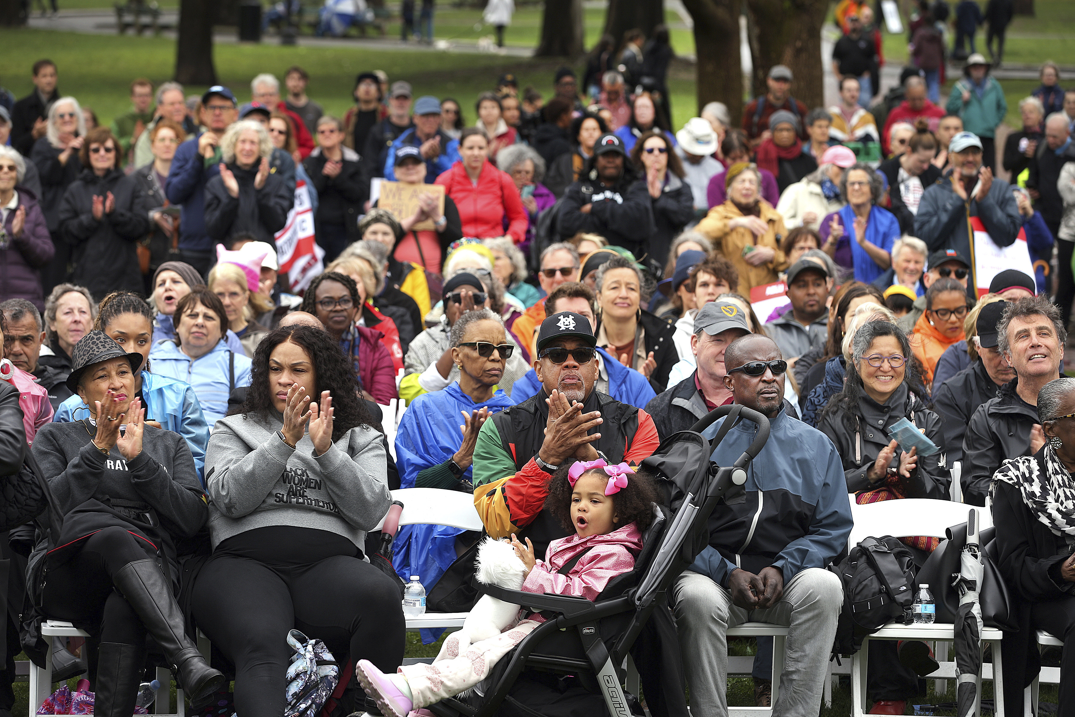 Hundreds of people hold a rally at the Parkman Bandstand on Boston Common on Saturday, April 26, 2025, to commemorate the 60th anniversary of the 1965 Freedom Rally on Boston Common which featured Martin Luther King Jr.<br />(John Tlumacki / The Boston Globe via AP)