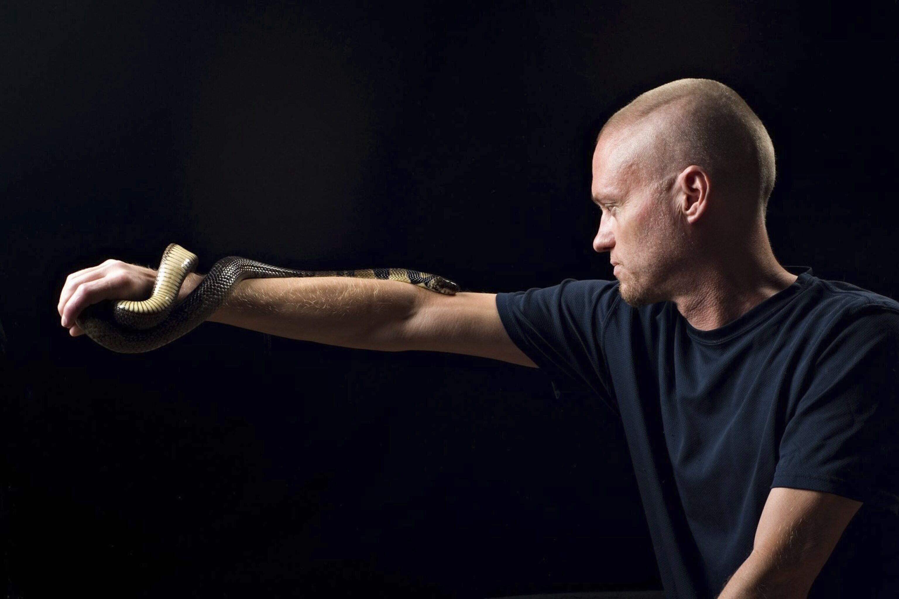 This undated photo provided by Centivax in 2025 shows Tim Friede, who is hyper-immune to the venom of various snakes, with a water cobra wrapped around his arm.<br />(Centivax via AP)