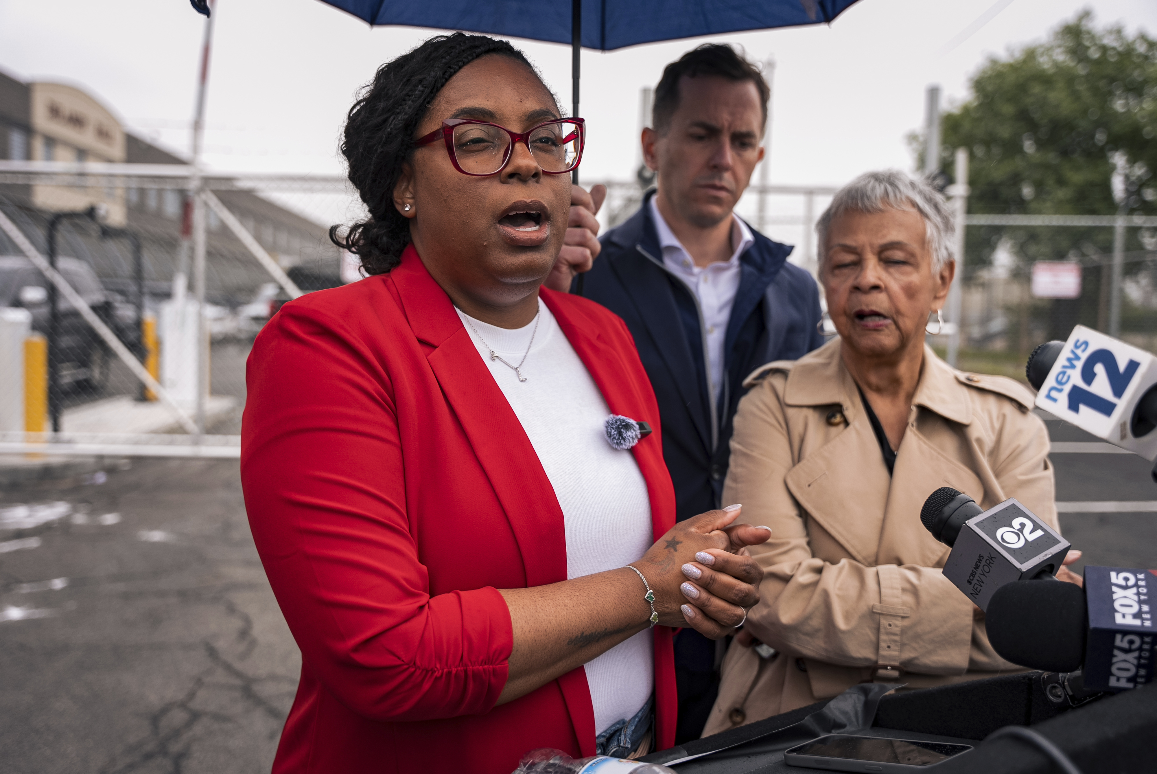 Congresswoman Rep. LaMonica McIver, D-N.J., speaks to the press after Newark mayor Ras Baraka was arrested while protesting at Delancey Hall ICE detention prison, Friday, May 9, 2025, in Newark, N.J.<br />(Angelina Katsanis / AP Photo)