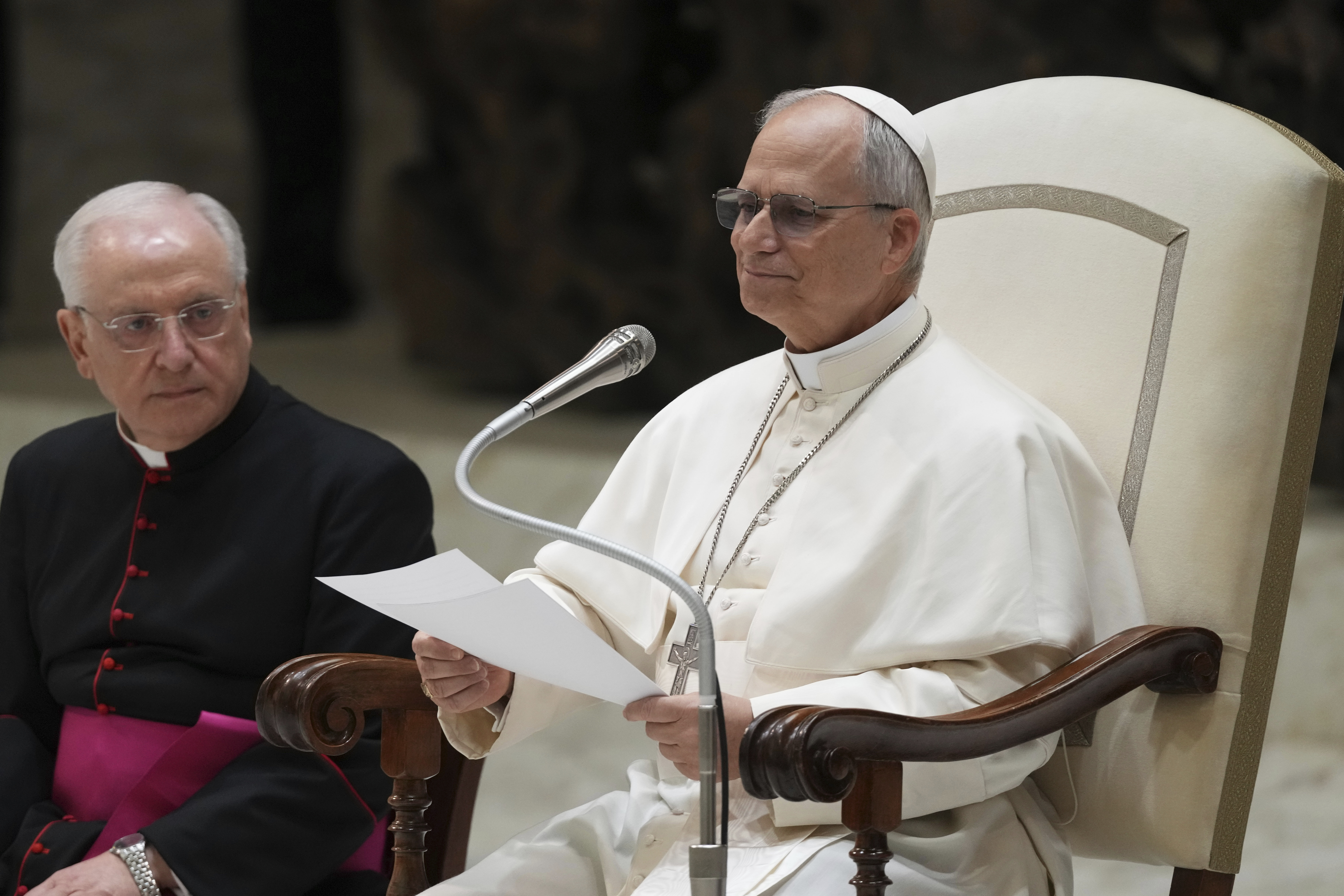 Pope Leo XIV meets with members of the international media in the Paul VI Hall at the Vatican, Monday, May 12, 2025.<br />(Domenico Stinellis / AP Photo)