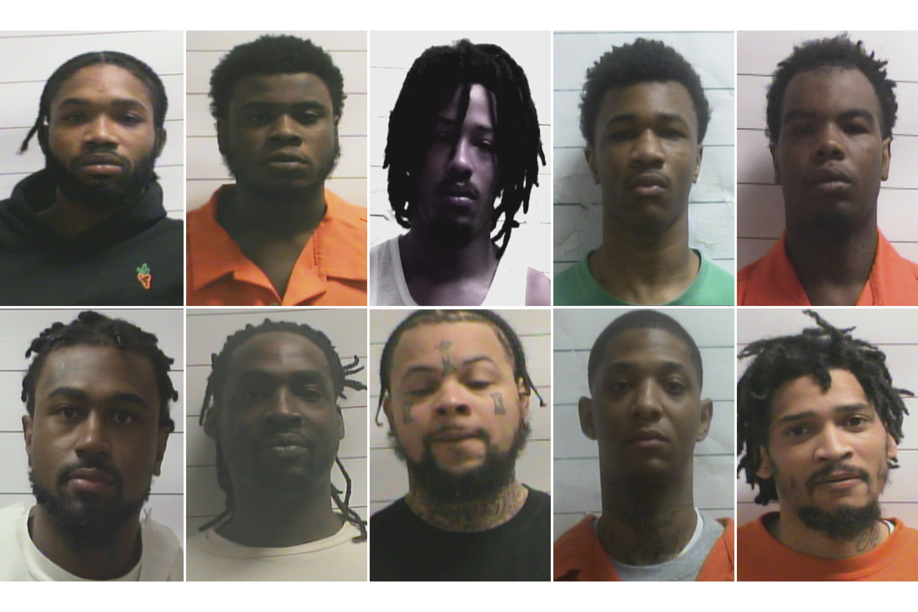 This combo from photos provided by Orleans Parish Sheriff&#039;s Office shows from left top: Dkenan Dennis, Gary C Price, Robert Moody, Kendell Myles, Corey E Boyd. Bottom from left: Lenton Vanburen Jr, Jermaine Donald, Antonine T Massey, Derrick D. Groves, and Leo Tate Sr.<br />(Orleans Parish Sheriff&#039;s Office via AP)
