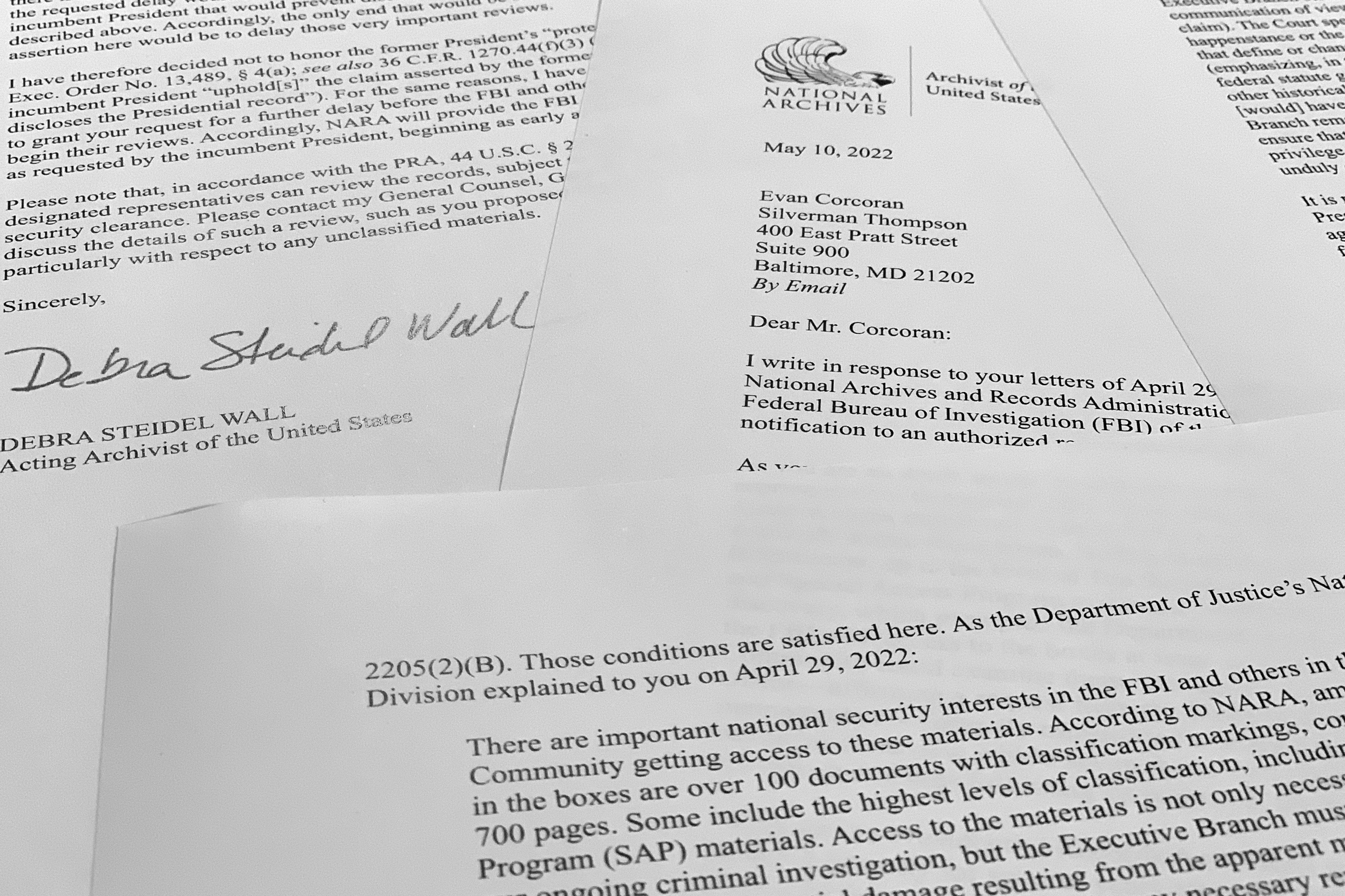 A letter from acting archivist of the United States Debra Steidel Wall to former President Donald Trump&#039;s legal team is photographed, Aug. 23, 2022. The letter details that the National Archives recovered 100 documents bearing classified markings, totaling more than 700 pages, from an initial batch of 15 boxes retrieved from Mar-a-Lago earlier in 2022.<br />(Jon Elswick / AP Photo)