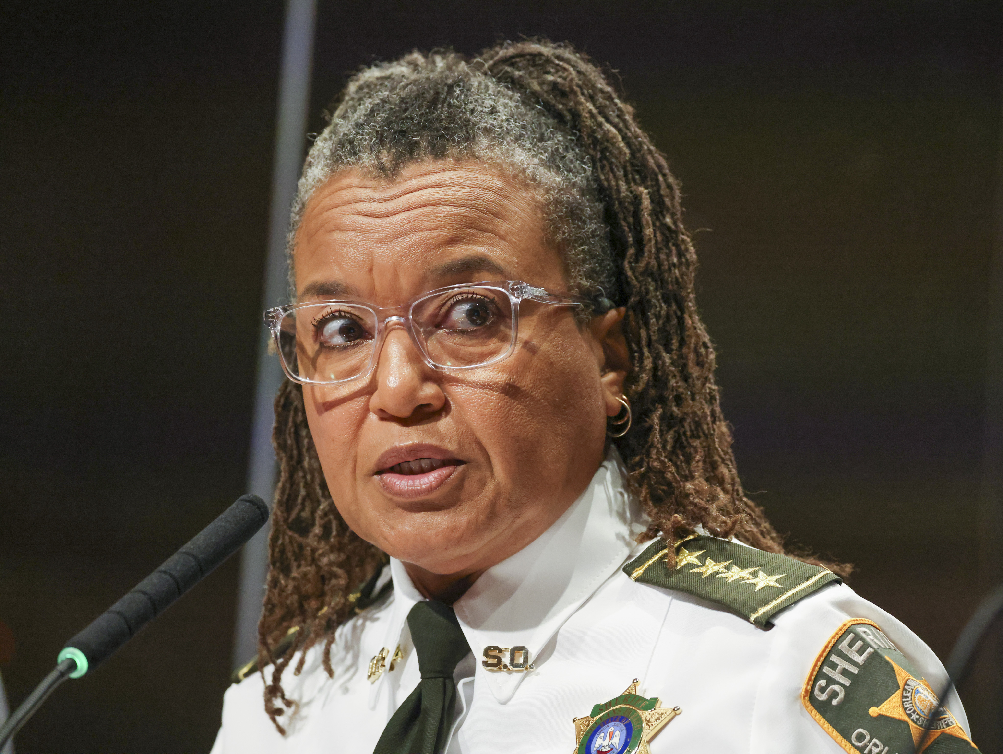 Sheriff Susan Hutson speaks during a City Council meeting following the escape of 10 inmates from the Orleans Parish Justice Center, at City Hall in New Orleans, Tuesday, May 20, 2025.<br />(Sophia Germer / The Times-Picayune / The New Orleans Advocate via AP)