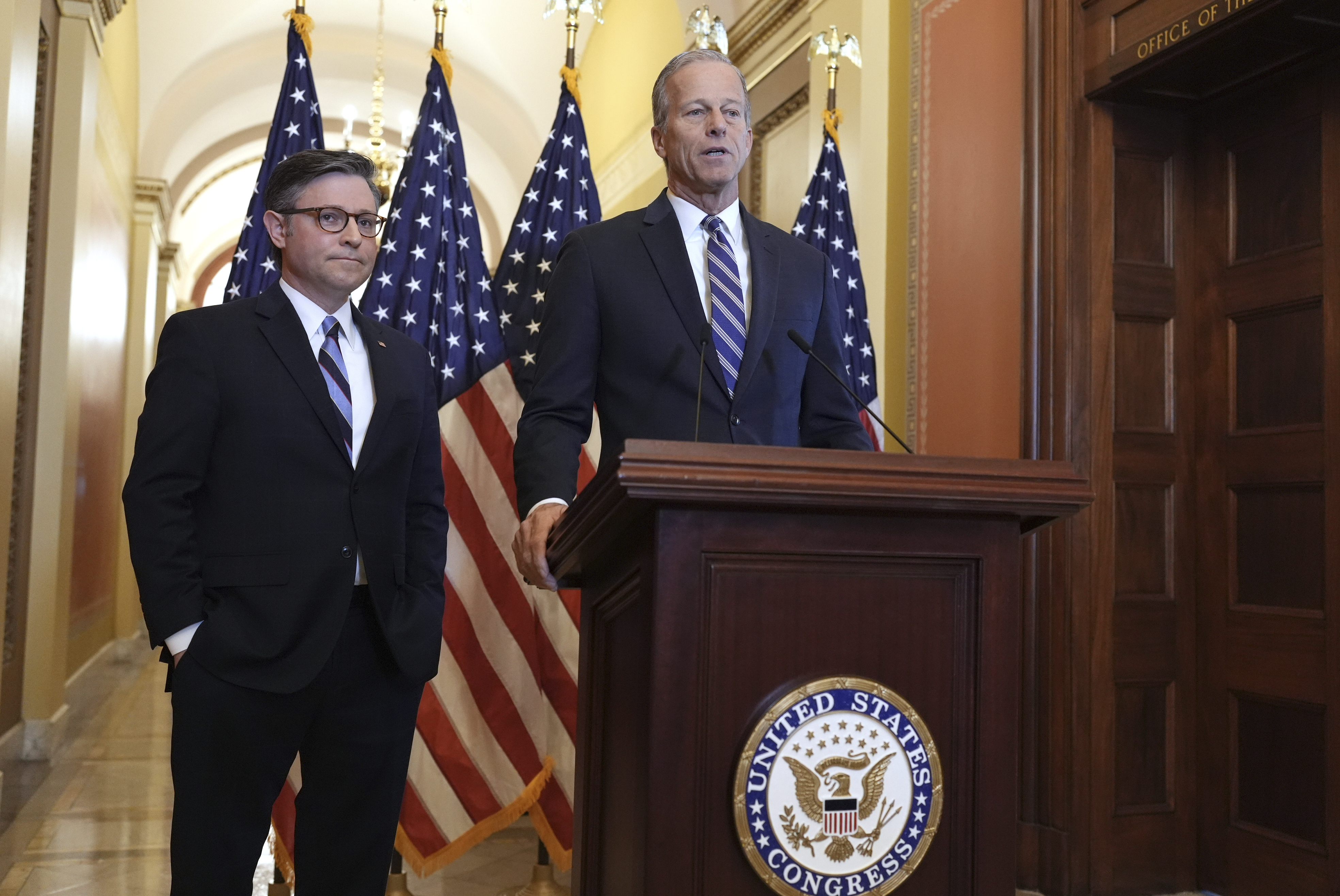 In a show of Republican unity, Speaker of the House Mike Johnson, R-La. (left) and Senate Majority Leader John Thune, R-S.D., make statements to reporters ahead of vote in the House to pass a bill on President Donald Trump&#039;s top domestic priorities of spending reductions and tax breaks, at the Capitol in Washington, Thursday, April 10, 2025.<br />(J. Scott Applewhite / AP Photo)